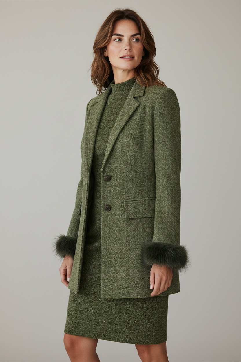 Vintage Cache Two-Piece Dress & Blazer Set Womens 6 Green Faux Fur Cuffs Formal