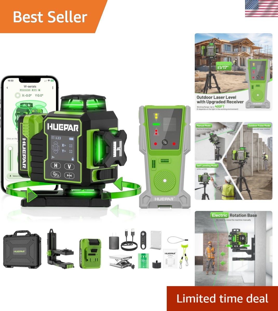 W04CG 4D Self Leveling Laser Level with Receiver, Long-Distance Accuracy 400 ft
