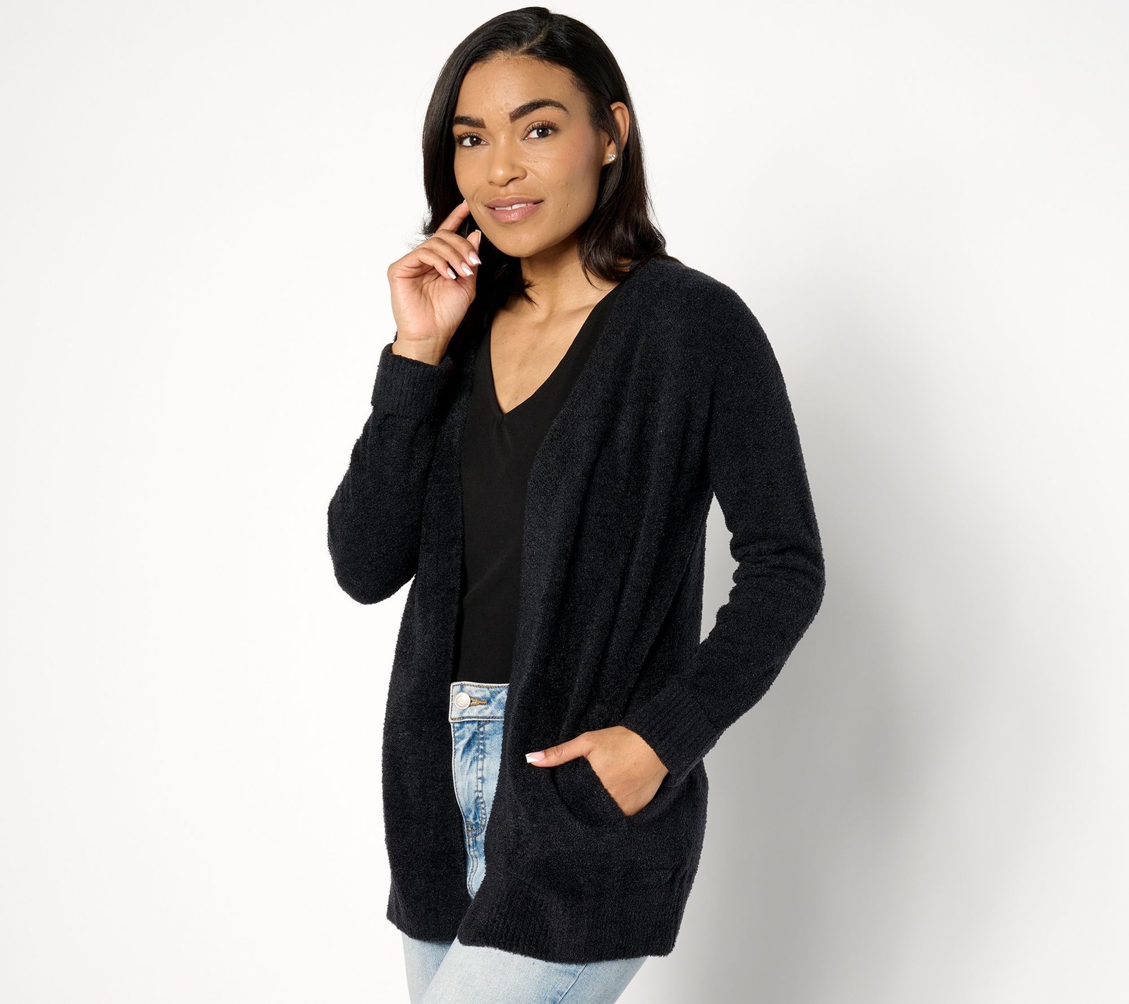 Barefoot Dreams Women\'s Top Sweater Sz M CozyChic Lite Ribbed Cuff Black A629830