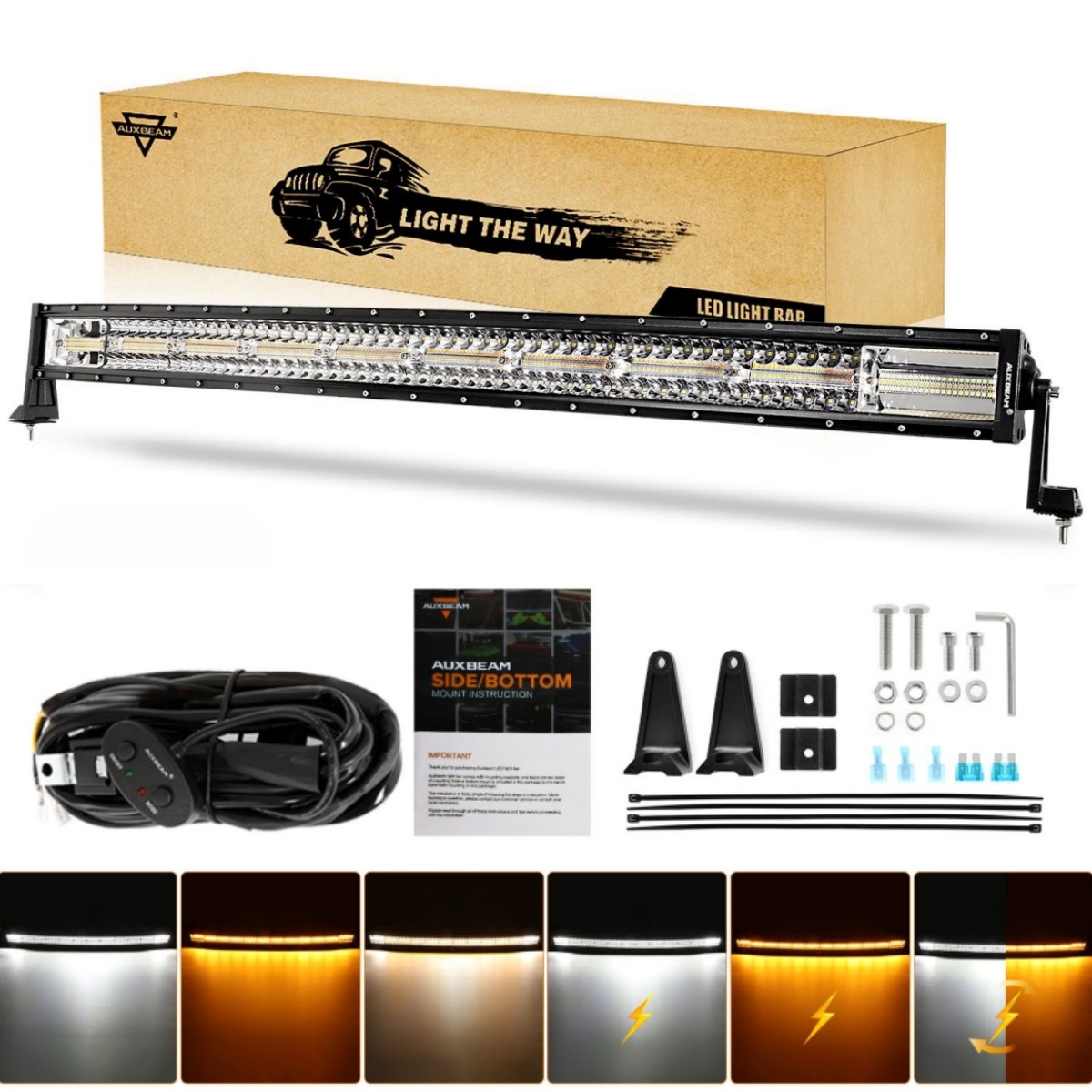 AUXBEAM 42 INCH CURVED OFF ROAD LED LIGHT BAR WHITE&AMBER 6 MODES DRIVING LIGHTS