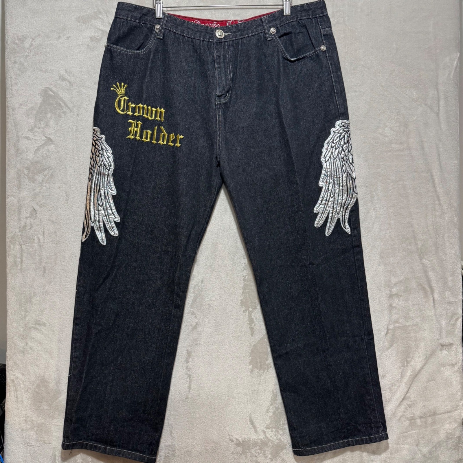 Crown Holder Mens Black Denim Embroidered Wings Face Jeans Size 42x30 HipHop Y2K Crown Holder Mens Black Denim Embroidered Wings Face Jeans Size 42x30 HipHop Y2K