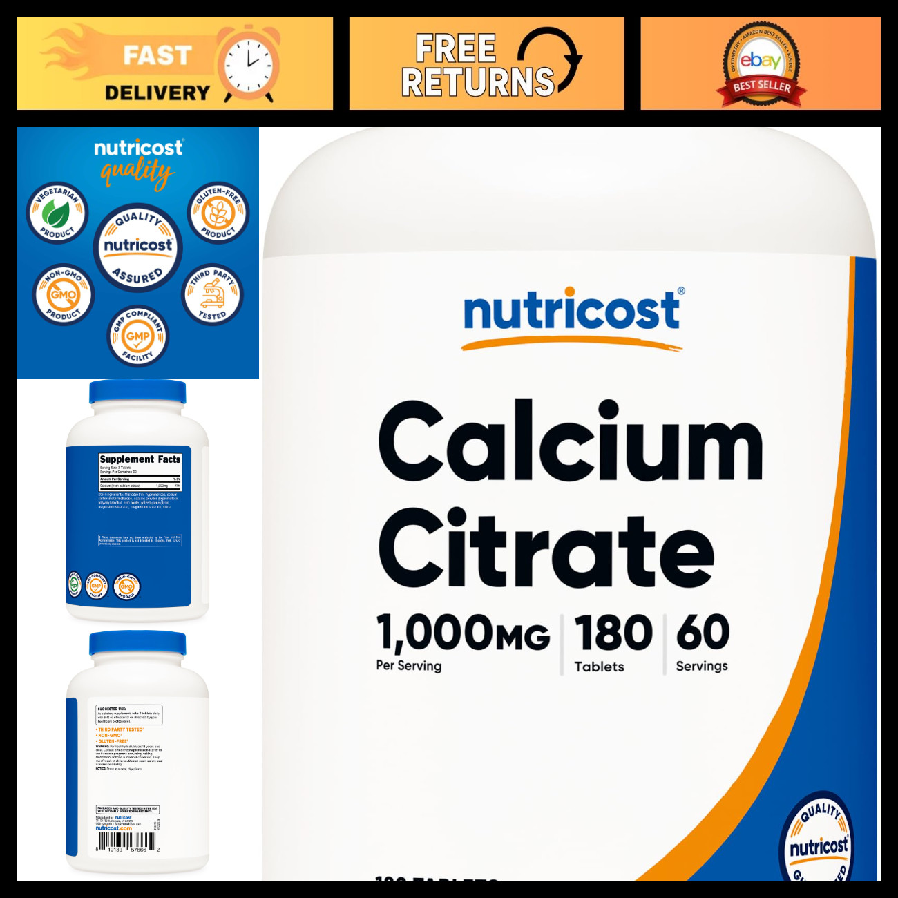 Calcium Citrate 1000mg - 180 Tablets, Gluten-Free, Supports Bone Health & Streng Calcium Citrate 1000mg - 180 Tablets, Gluten-Free, Supports Bone Health & Streng