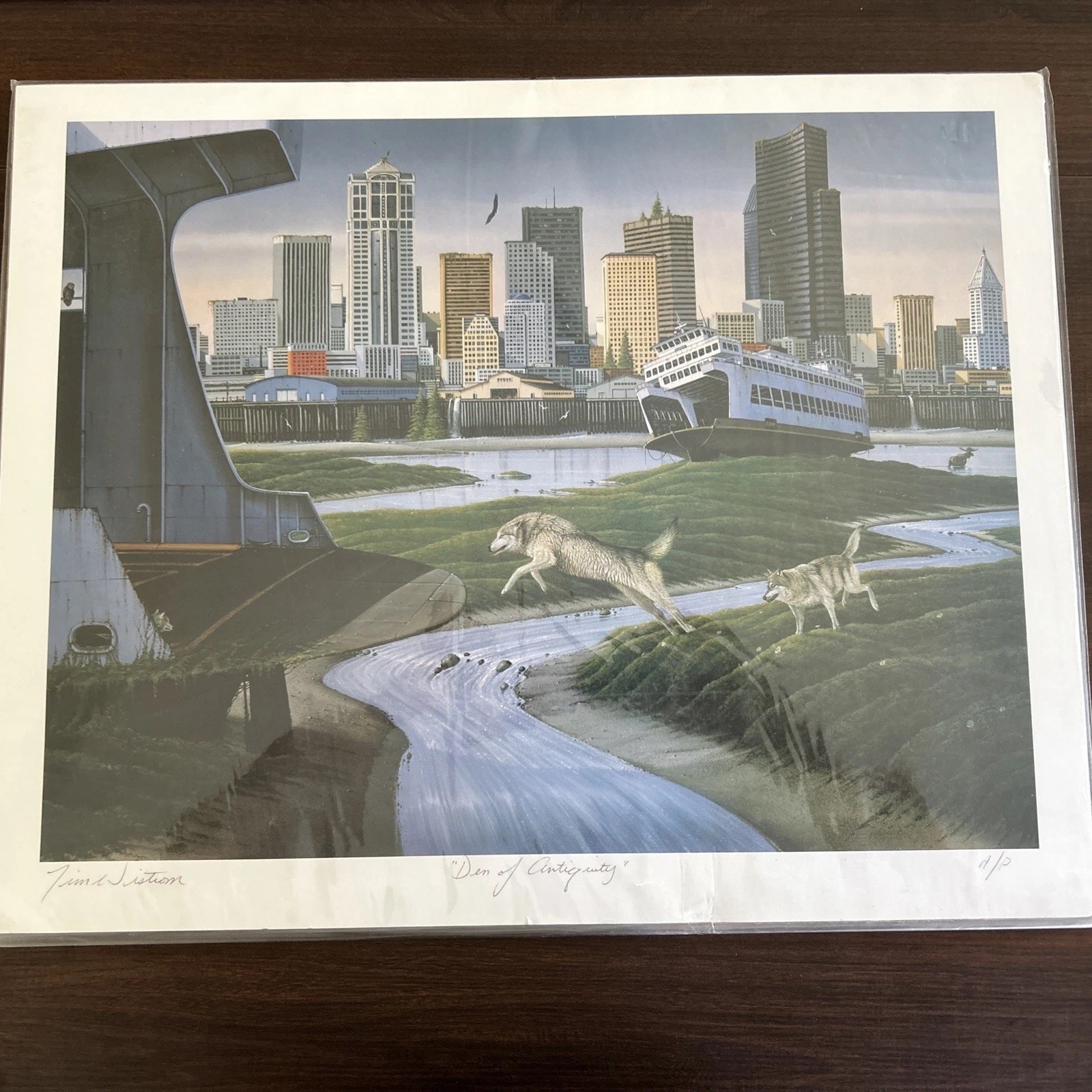 Tim WISTROM Signed Artist Proof Print. Wolves Seattle Ferry Apocalypse