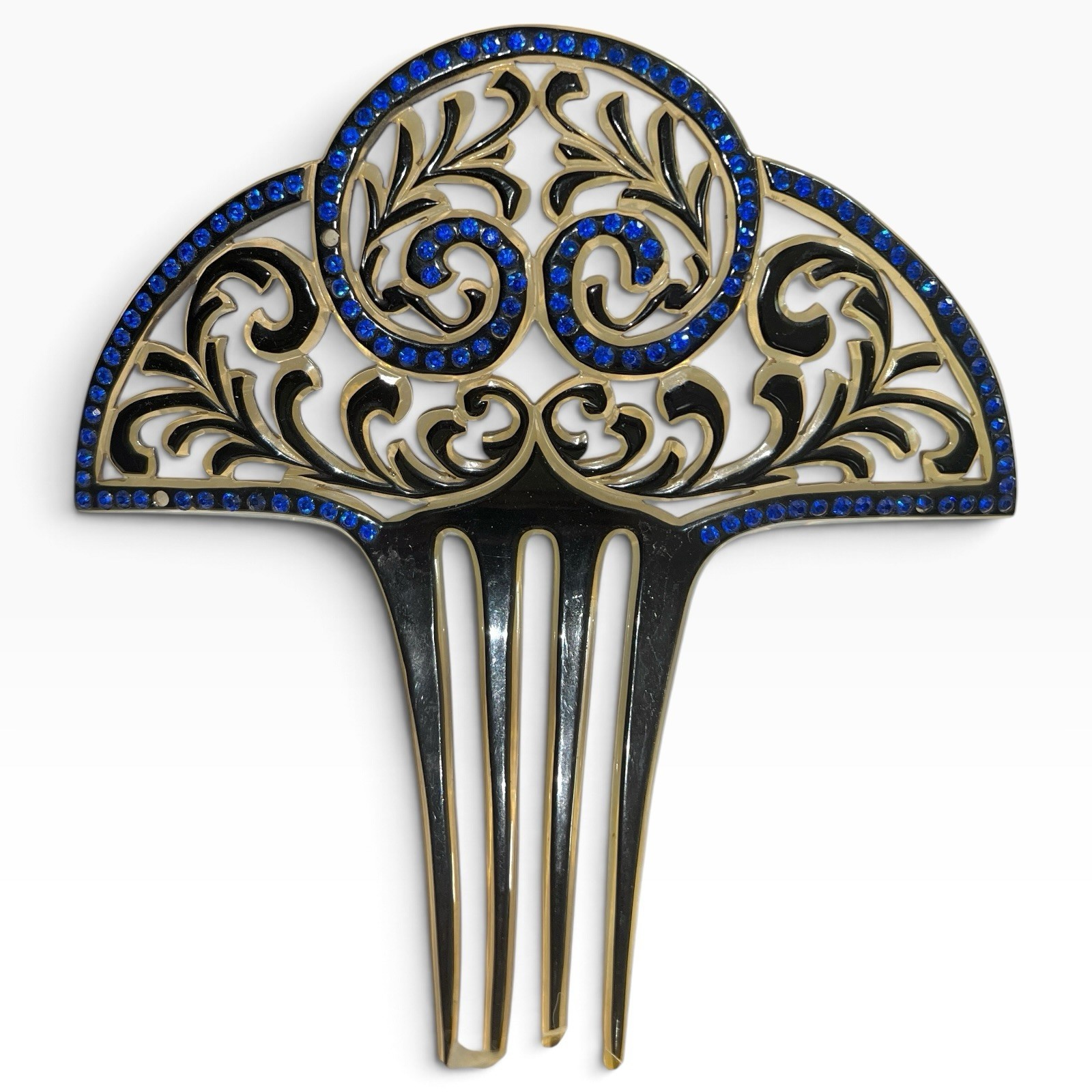 Antique Edwardian Celluloid Hair Comb Blue Rhinestones Two Tone c1900 6”