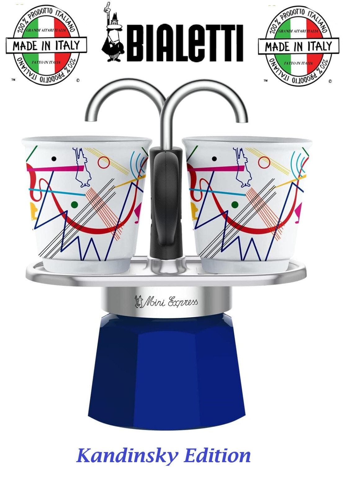 Bialetti Mini Express Kandinsky Moka Set Coffee Maker 2Cup 2 Shot Glasses Italia