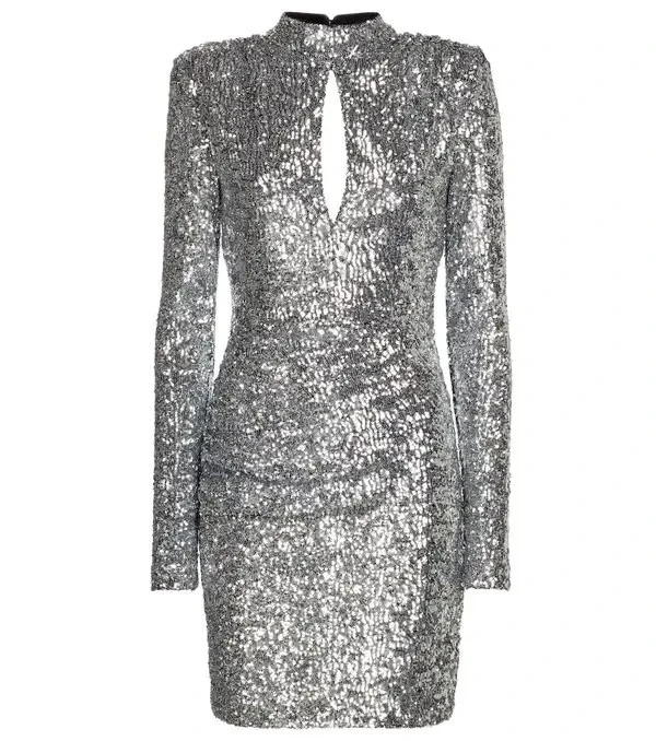 REBECCA VALLANCE $634 Silver Sequin Gatsby Lined Shirred Mini Dress Size US 6
