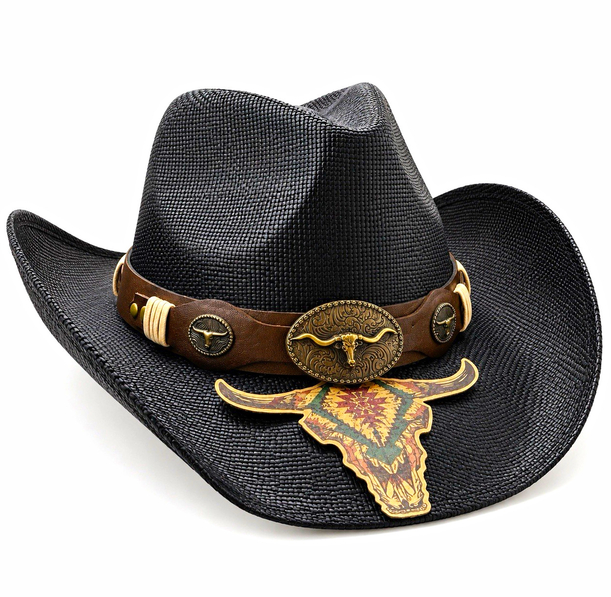 Black Western Cowboy Hat Longhorn Skull Buckle Southwestern Rodeo Style Black Western Cowboy Hat Longhorn Skull Buckle Southwestern Rodeo Style