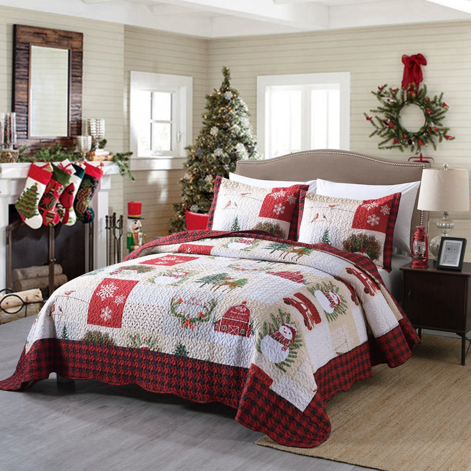 3 Piece Warm Christmas Snowman Reversible Quilt Set with Pillow Shams