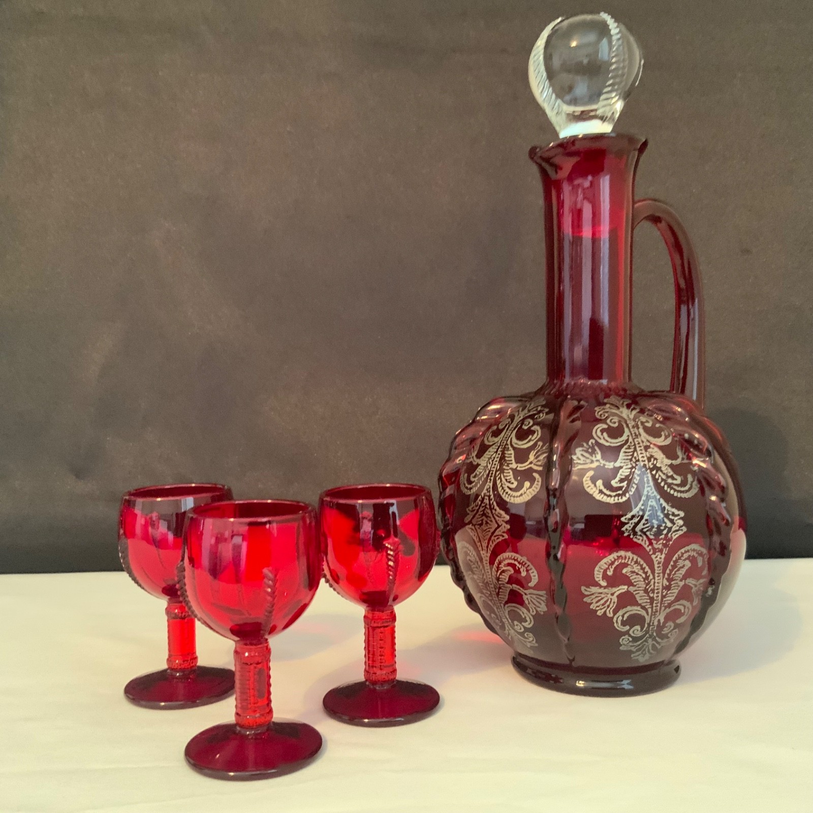 New Martinsville Radiance Ruby Glass Silver Overlay Decanter Set 3 Cordials 