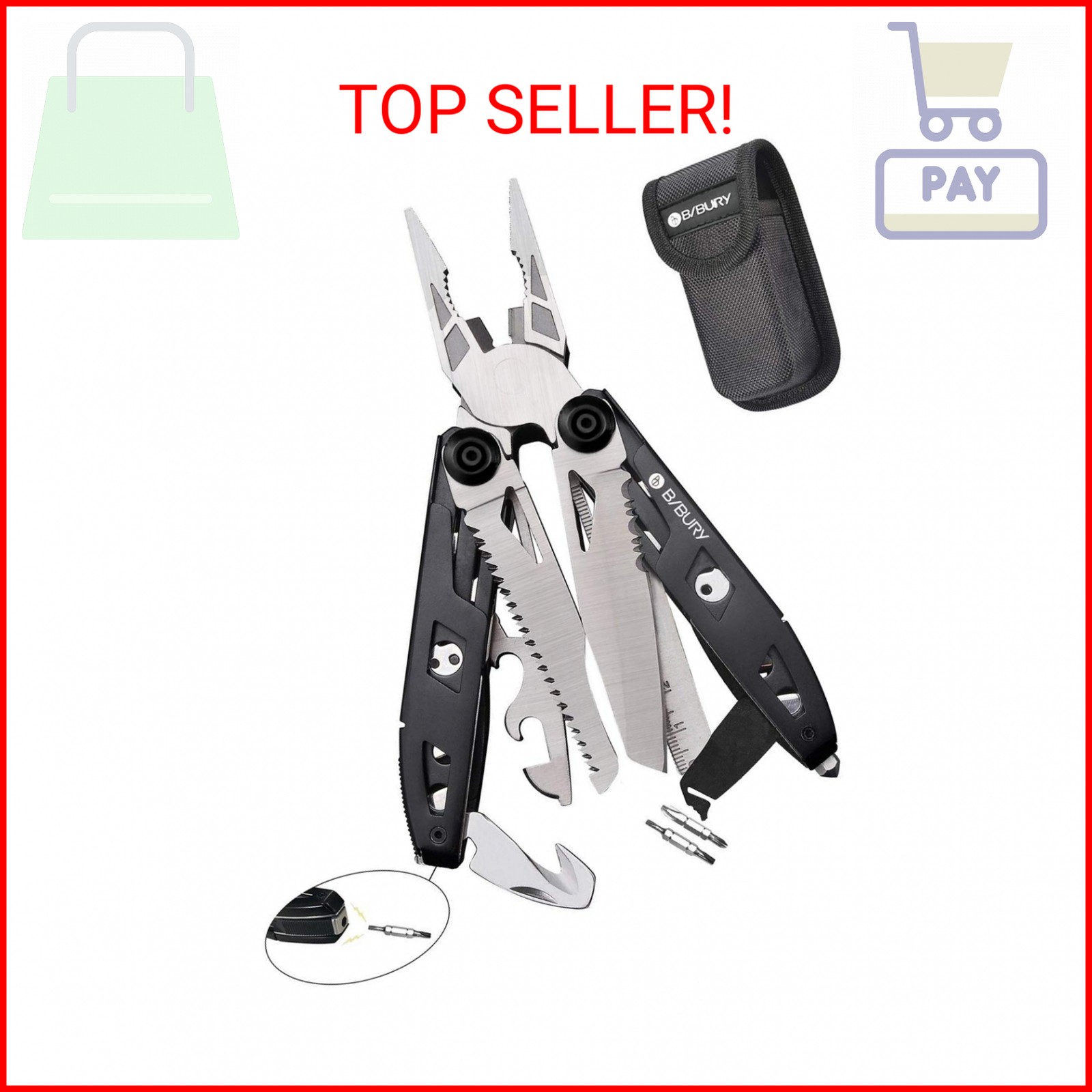 BIBURY Multitool Pliers, 18-in-1 Multi Tool with Safety Hammer, Safety Locking D
