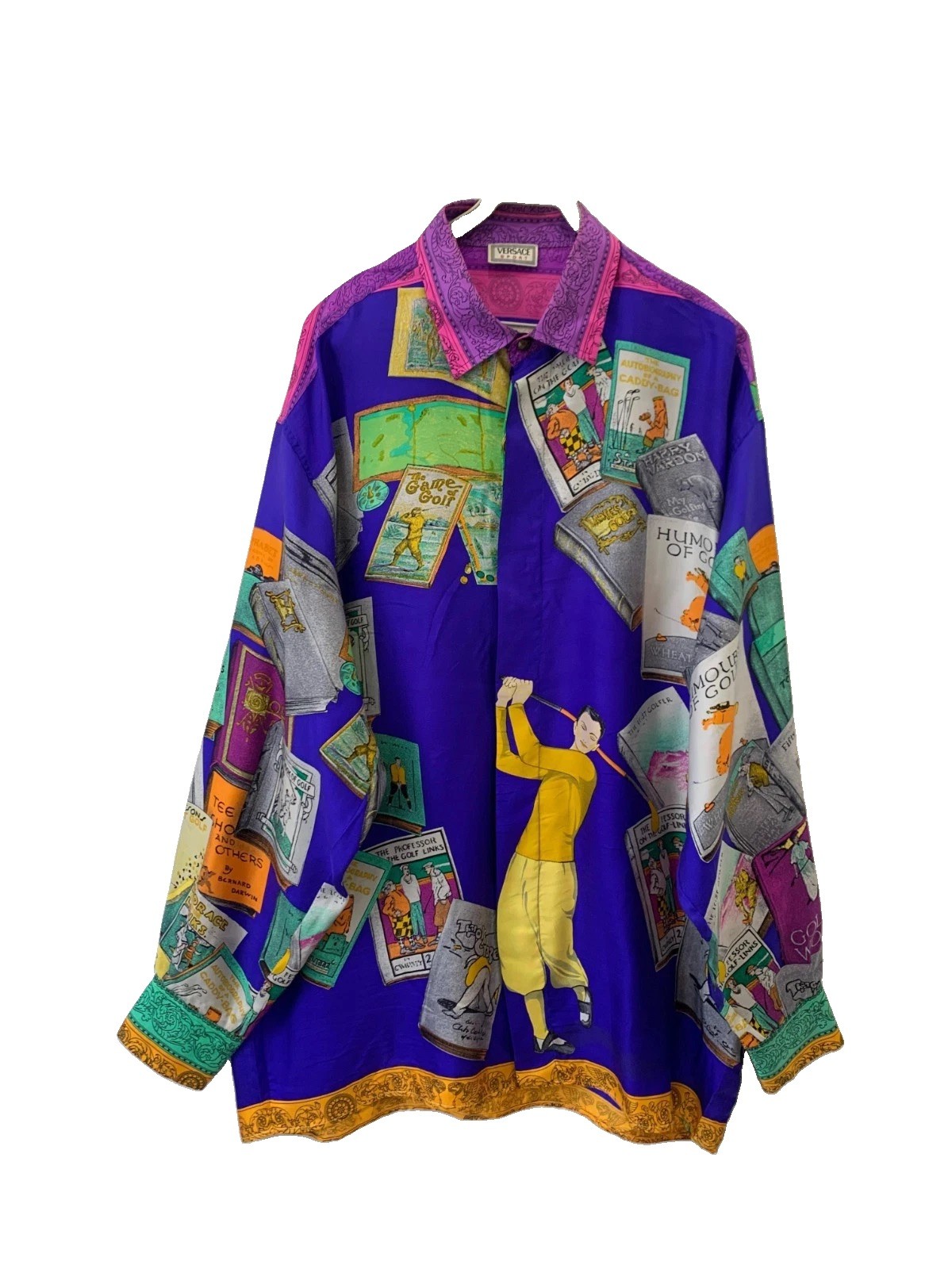 Vtg Versace Sport Golf Book Print Silk Shirt L XL Baroque Pop Art Purple#c3 Vtg Versace Sport Golf Book Print Silk Shirt L XL Baroque Pop Art Purple#c3