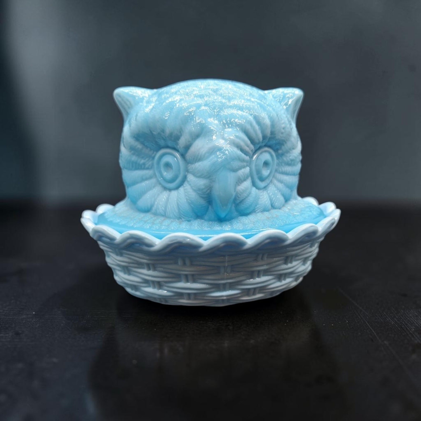 Vintage Westmoreland Blue Marble Slag Glass Owl On Nest Lidded Dish Rare No Chip