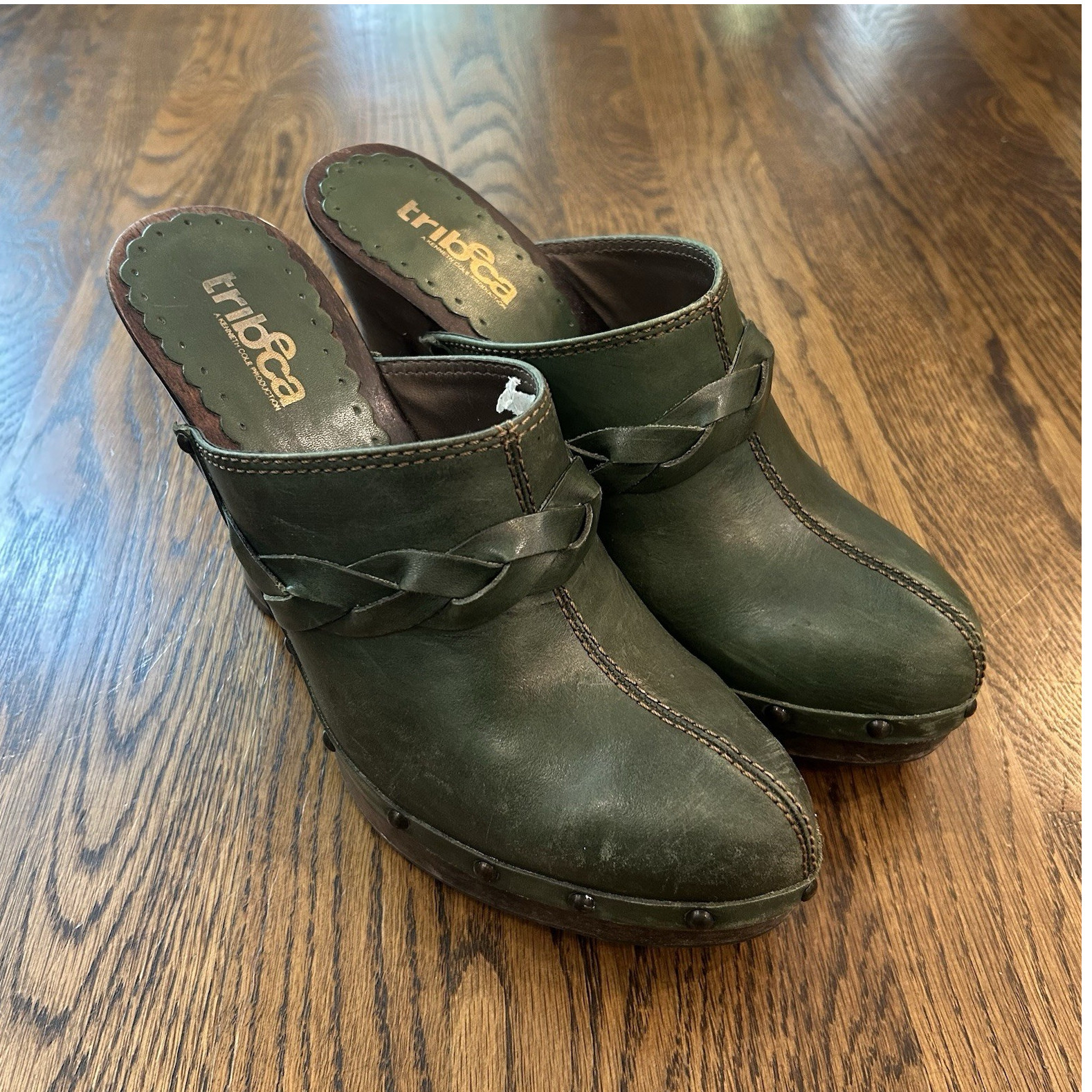 Tribeca Green Braided Studded Leather Block Heel Mules Closed Toe Slip On Size 8