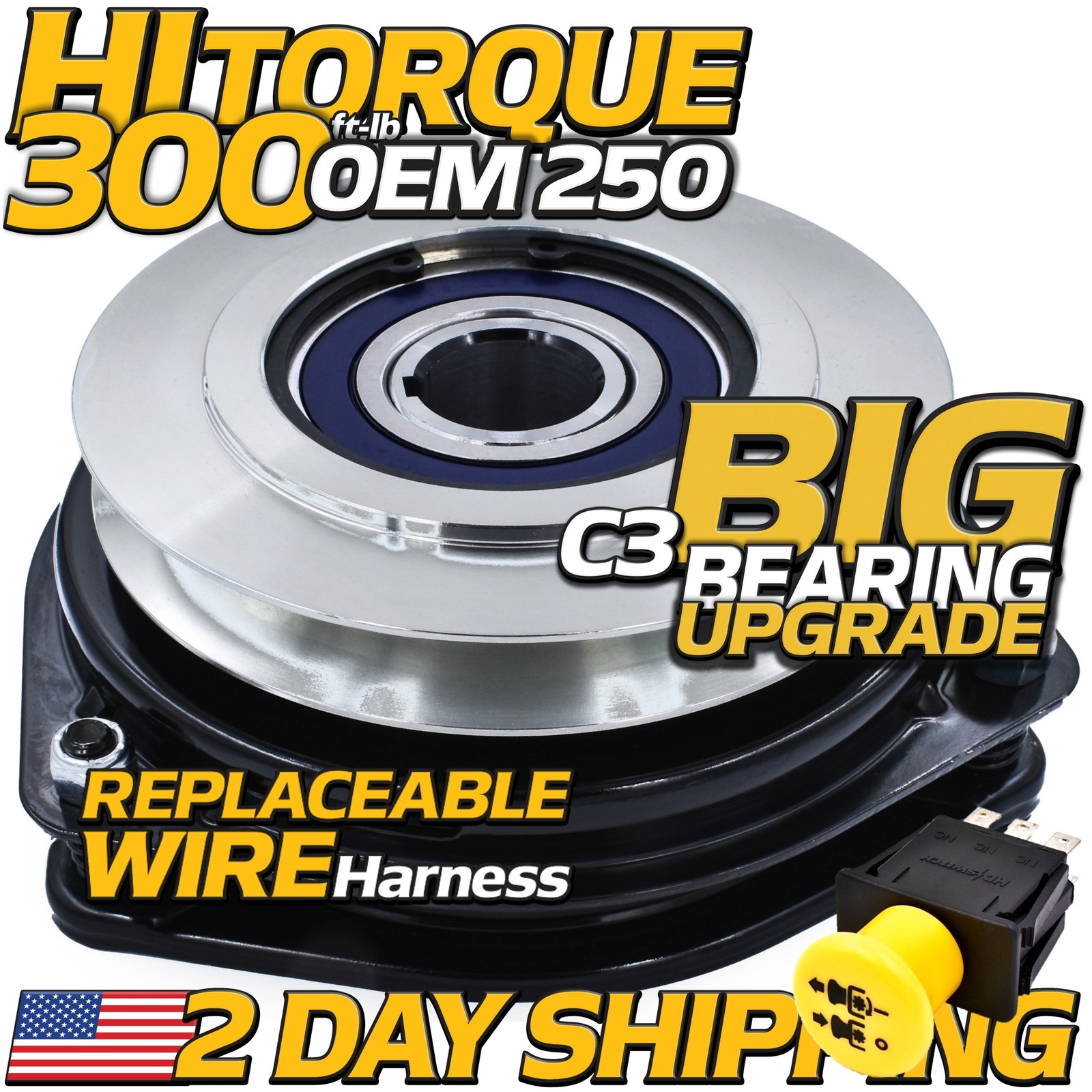 HiTorq 300ftlb BIGBearing PTO Clutch & 20A PTO Switch for Scag 461660 GT3.5-MC07
