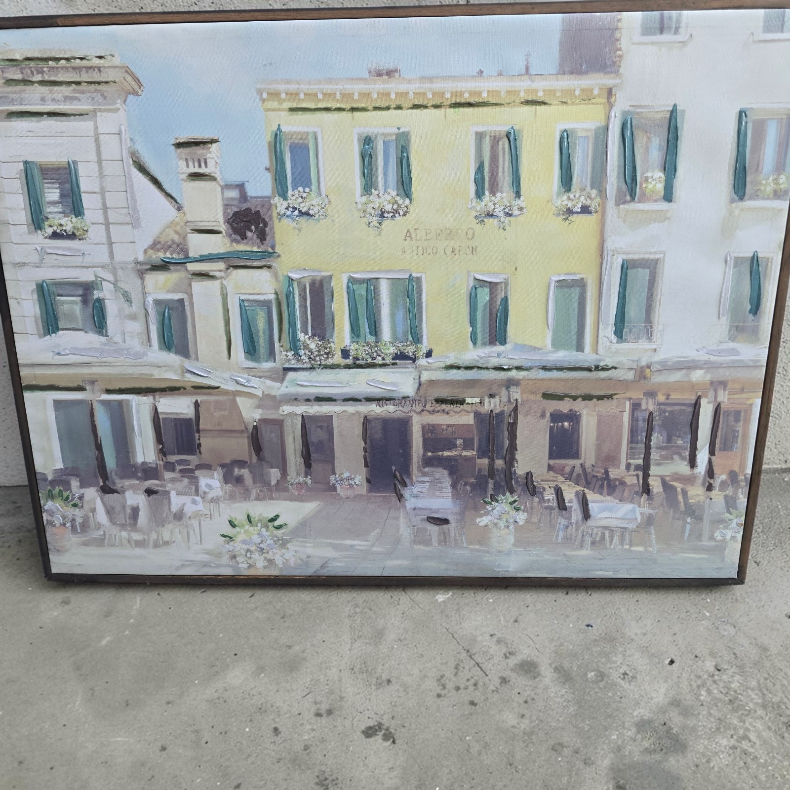 Large Italian Cafe Street Scene Framed Canvas Wall Art 42x31 European Decor