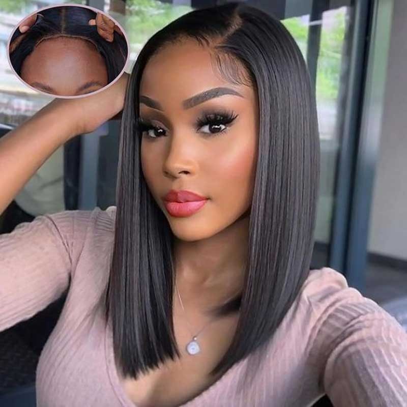 Wear and Go Glueless Wig Straight Bob Wig Human Hair  Pre Cut 4X4 Lace Front Wig