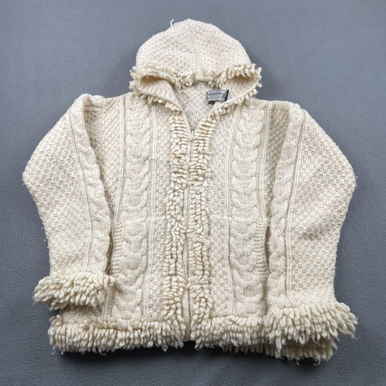 Vintage Sisandina Ecuador 100% Wool Hooded Cable Knit Cardigan Cream Womens M