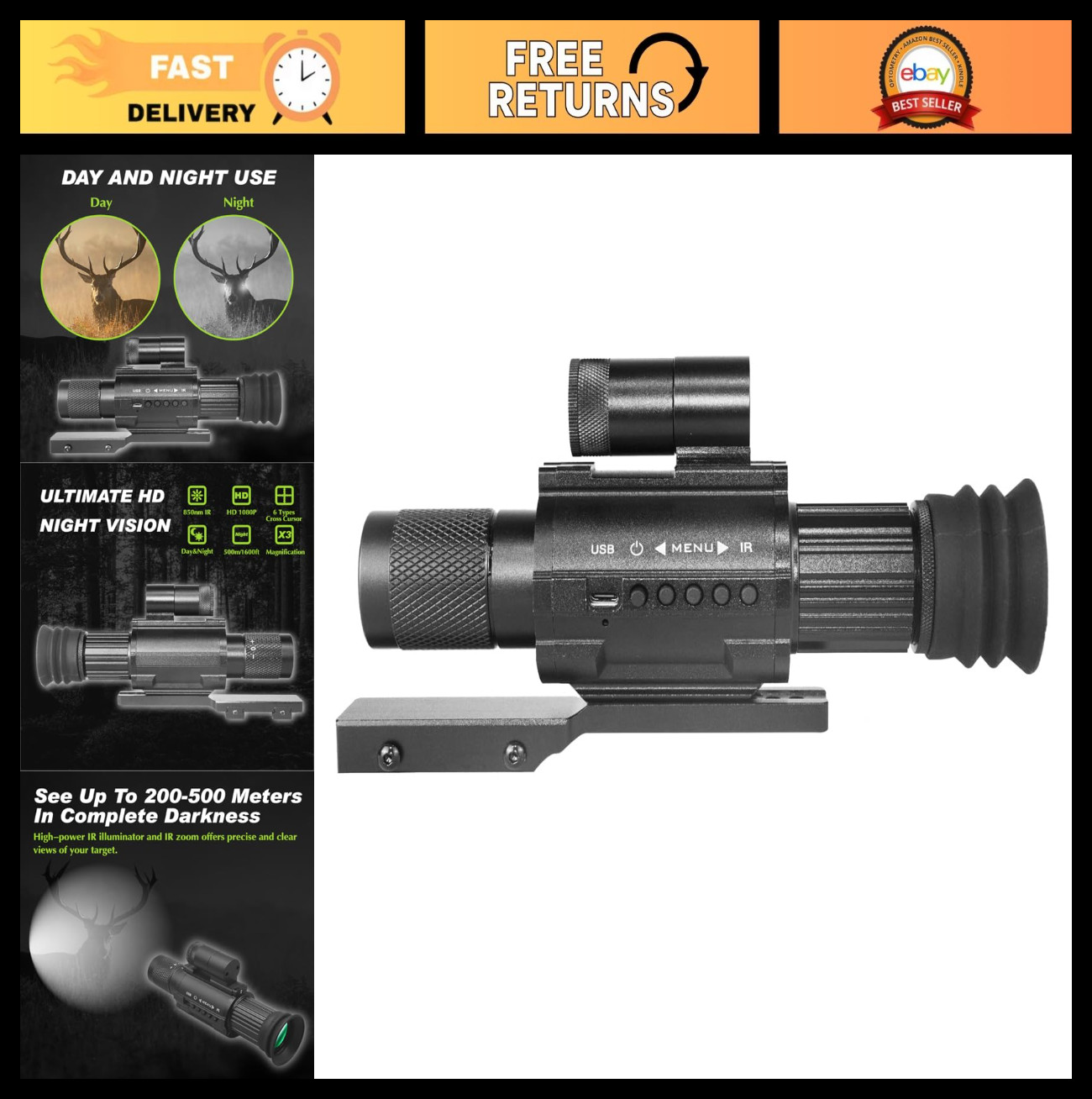 Day & Night Vision Monocular Scope 3X Magnification with 850nm IR for Hunting &