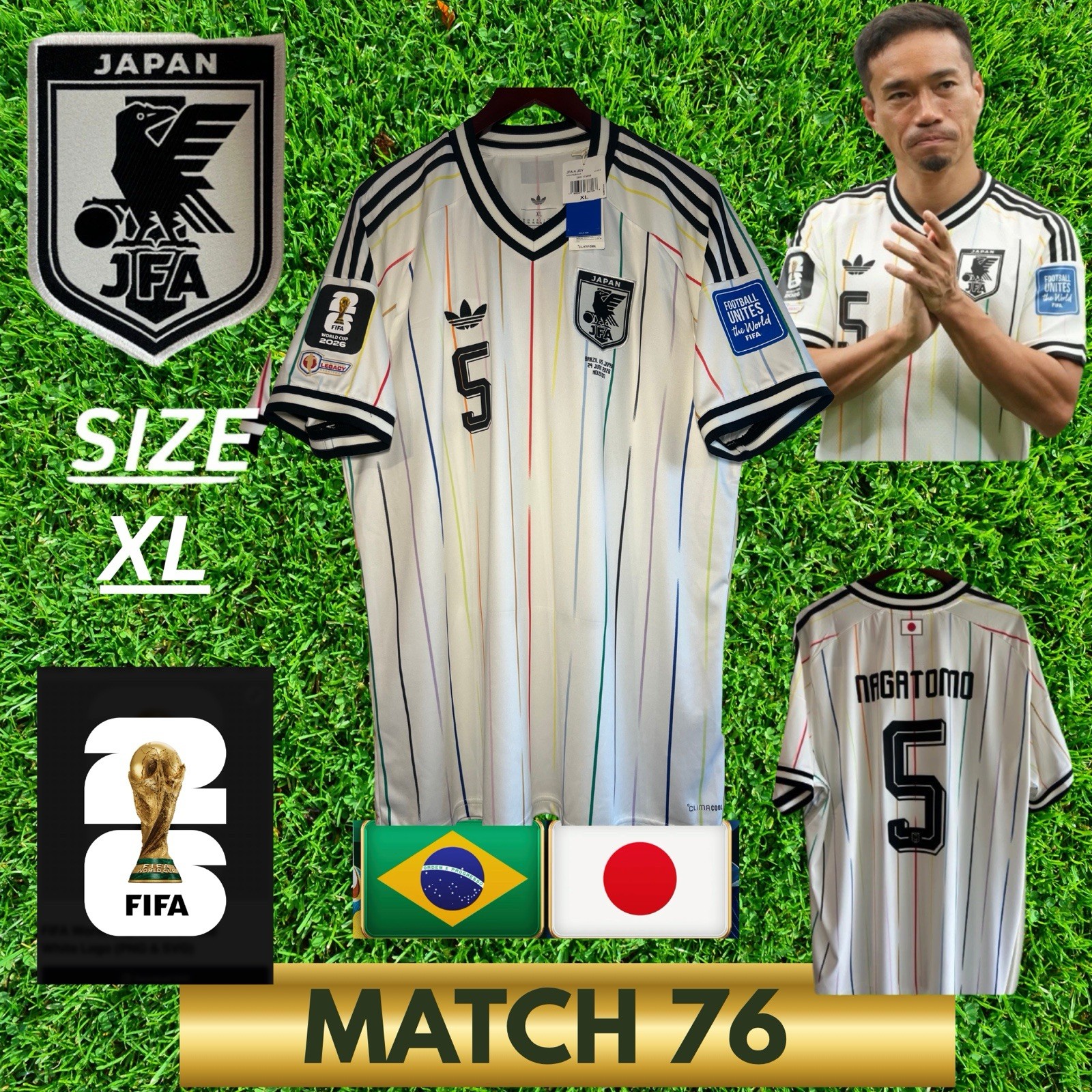 Adidas Japan 2026 World Cup Jersey Nagatomo #5 XL FIFA Patches + Match Details