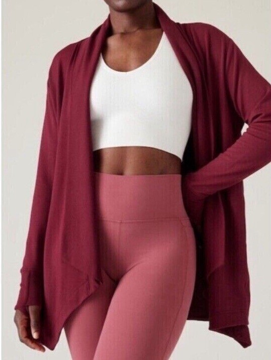 Athleta Pranayama Restore Rib Wrap Open Front Cardigan Burgundy XSP XS Petite