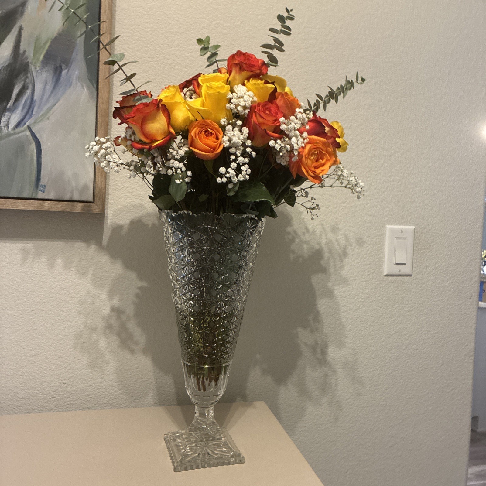 18” Vintage Pressed Glass Pedestal Vase – Crystal Diamond Cut Trumpet Piece 18” Vintage Pressed Glass Pedestal Vase – Crystal Diamond Cut Trumpet Piece
