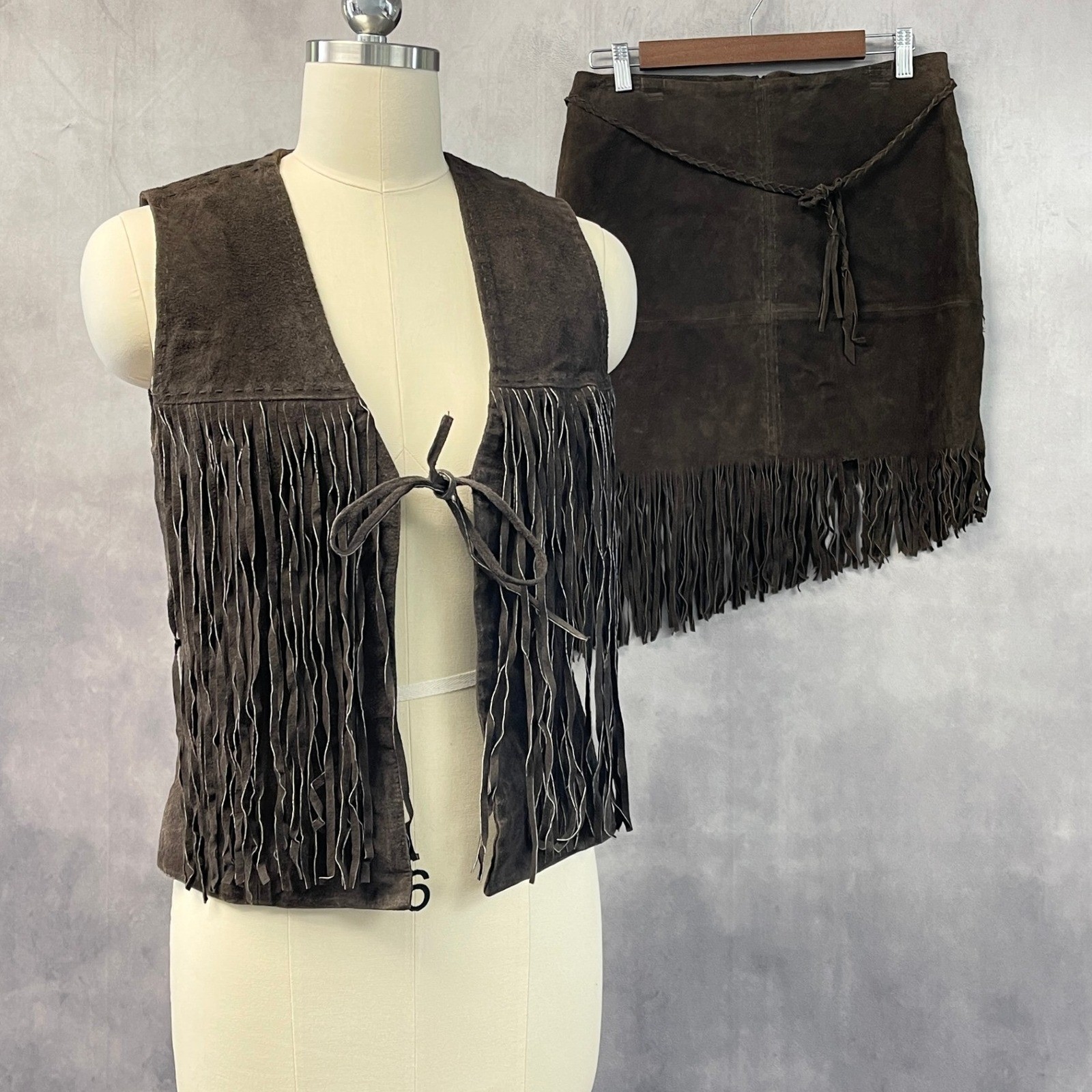 VTG Rampage Fringe Suede Set Vest M Skirt 11 Brown Western Boho Indie Festival