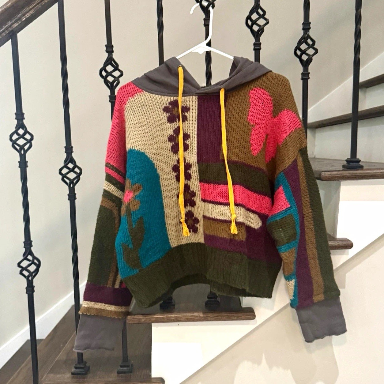 Natural Life Dreamer Jacquard Hooded Sweater S/M Boho Floral Colorblock