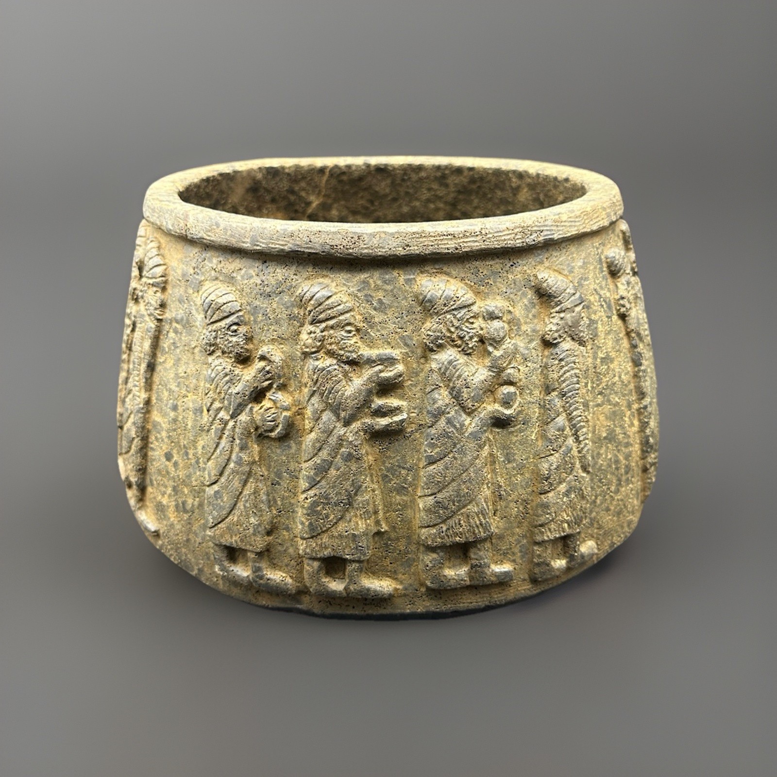 Ancient Central Asian Near Eastern Stone Bowl With Royal Scene Of Caravan