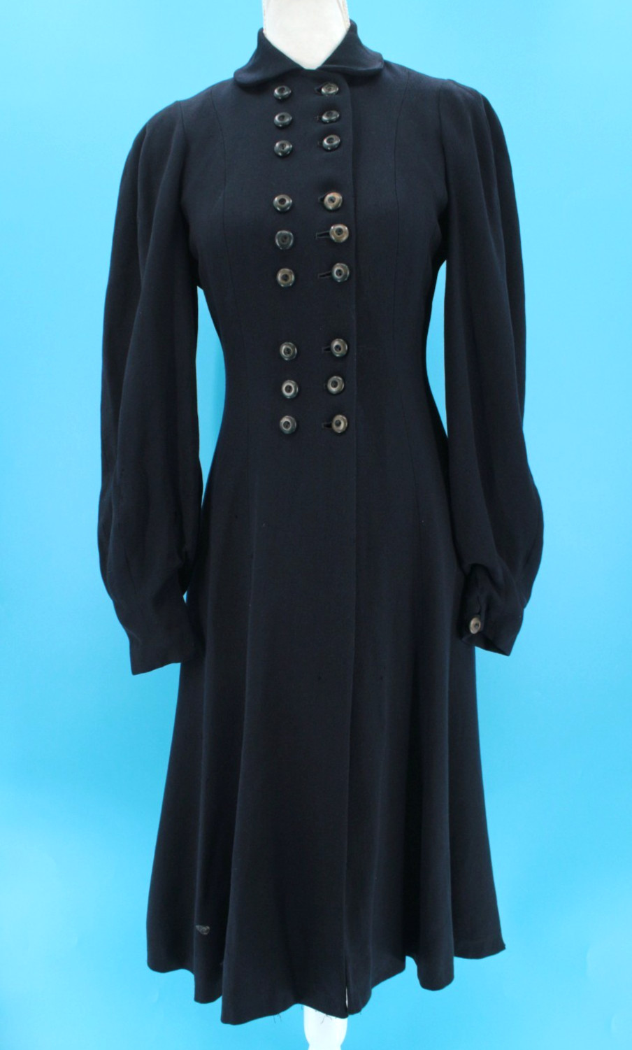 VTG Women\'s 40s Navy Blue Multi Button Long Fitted Wool Coat Sz XXS/XS 1940s
