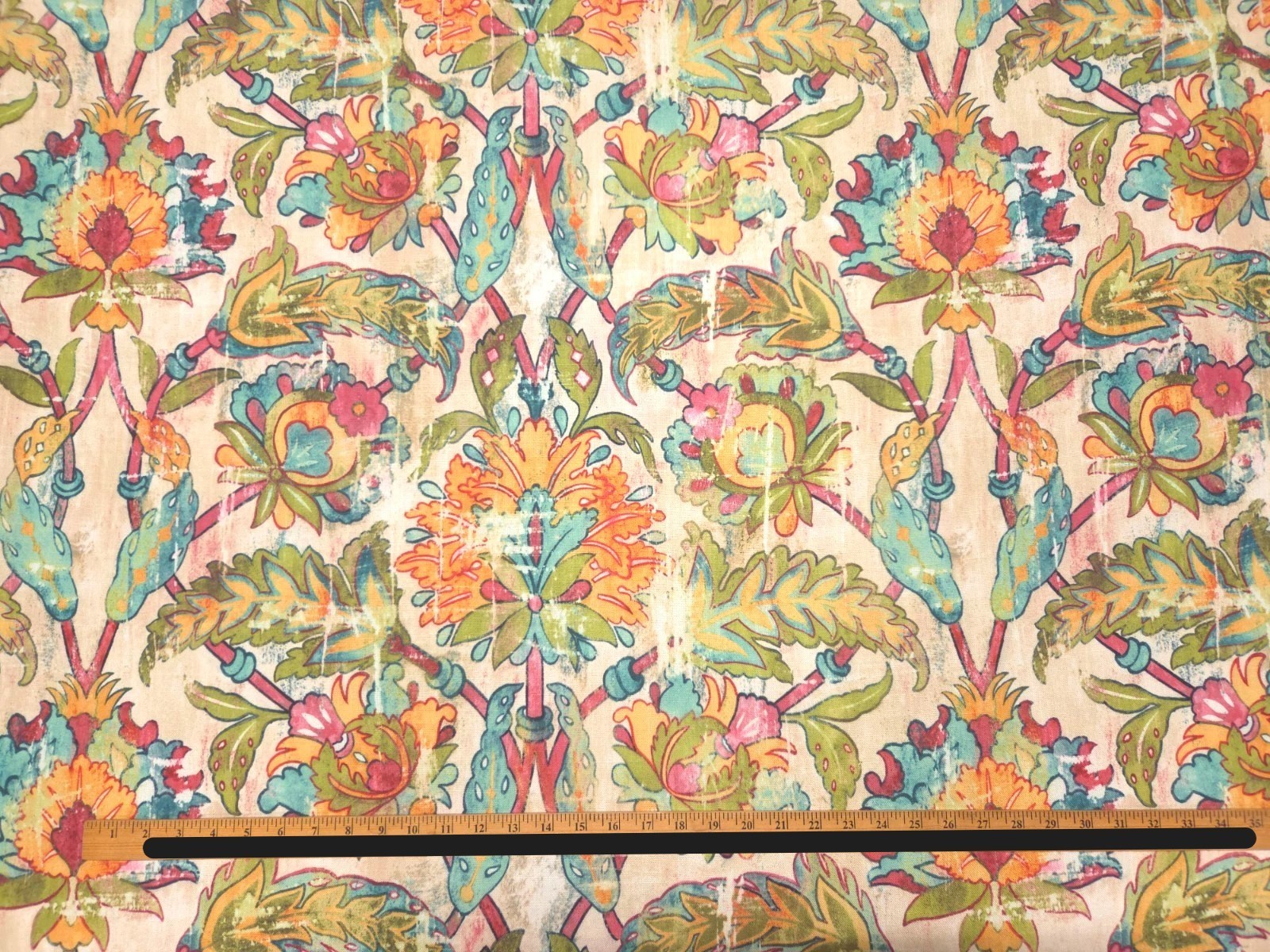 Covington HERMES CONFETTI Green Orange Blue Destressed Floral Drapery Uph Fabric