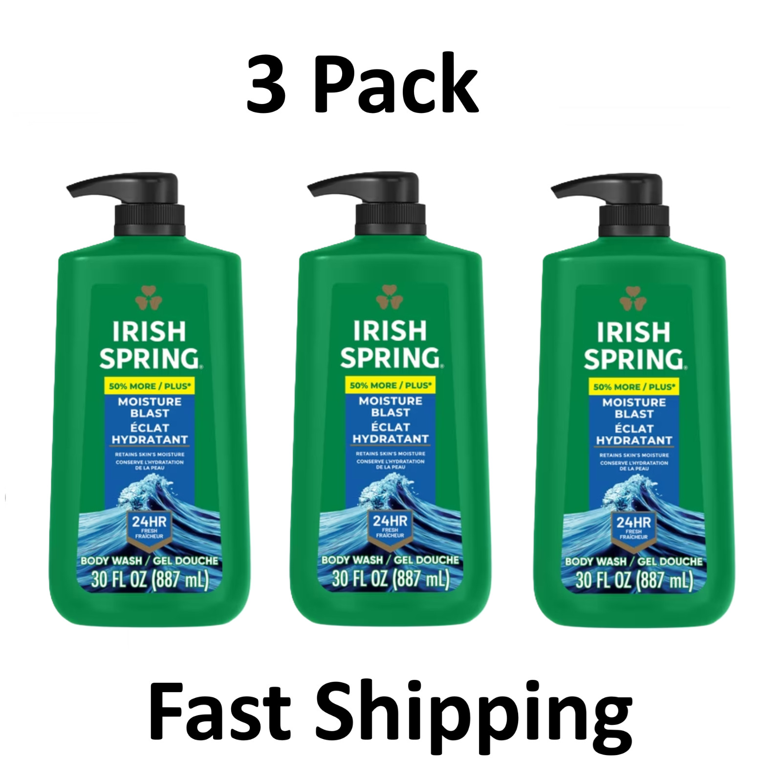 Irish Spring Moisture Blast Body Wash for Men Large 30 fl oz Bottle each--3 Pack
