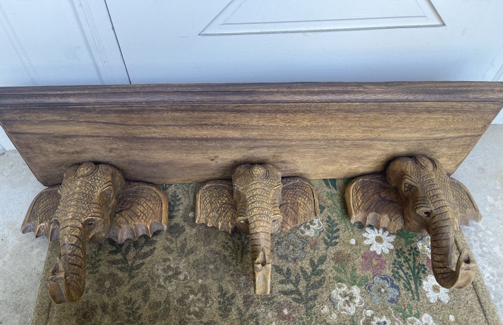 Vintage Hand Carved Wood Triple Elephant Head Wall Shelf, Large Wooden Decor