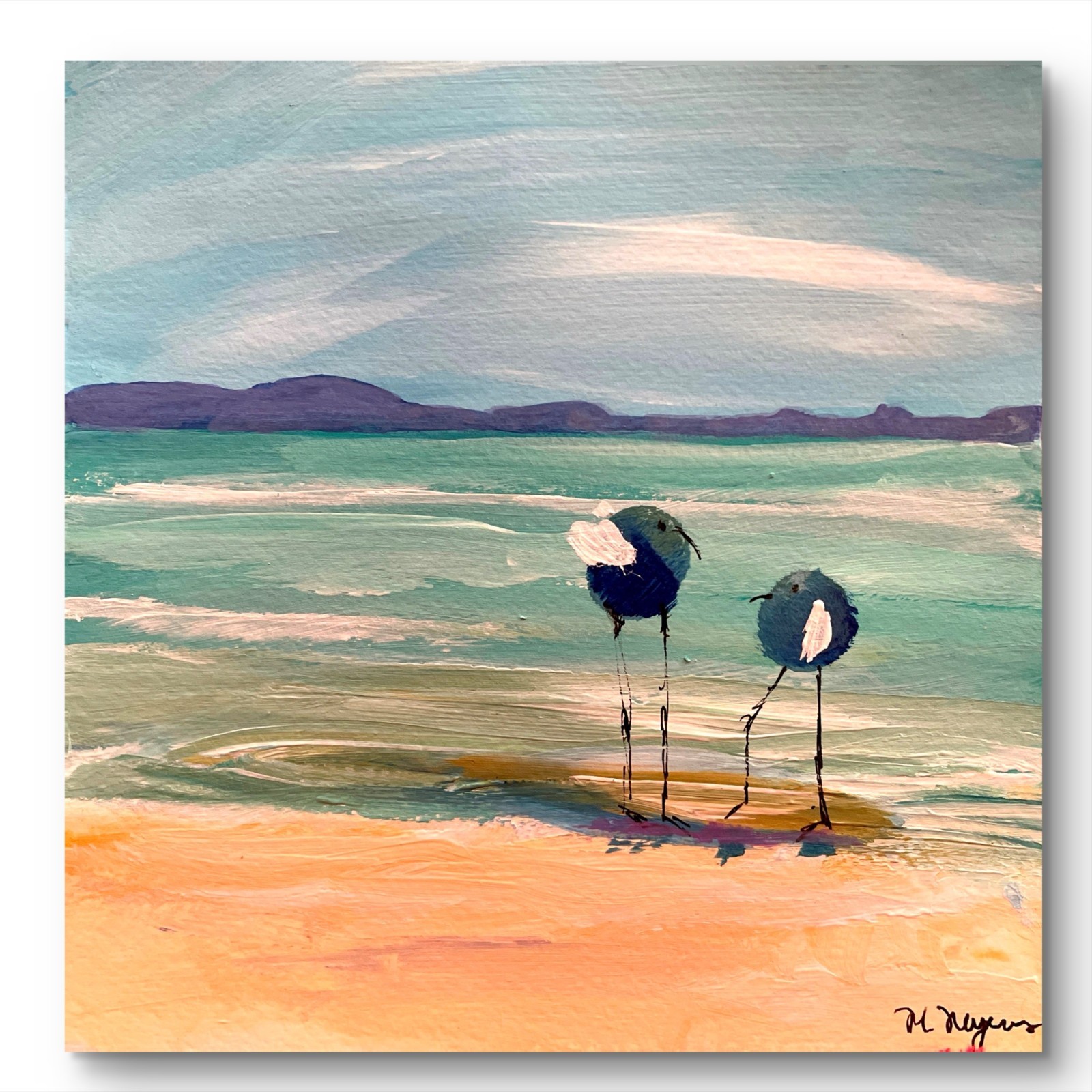 Mary Myers Original Beach Birds Abstract Expressionism 8x8  on cradled wood