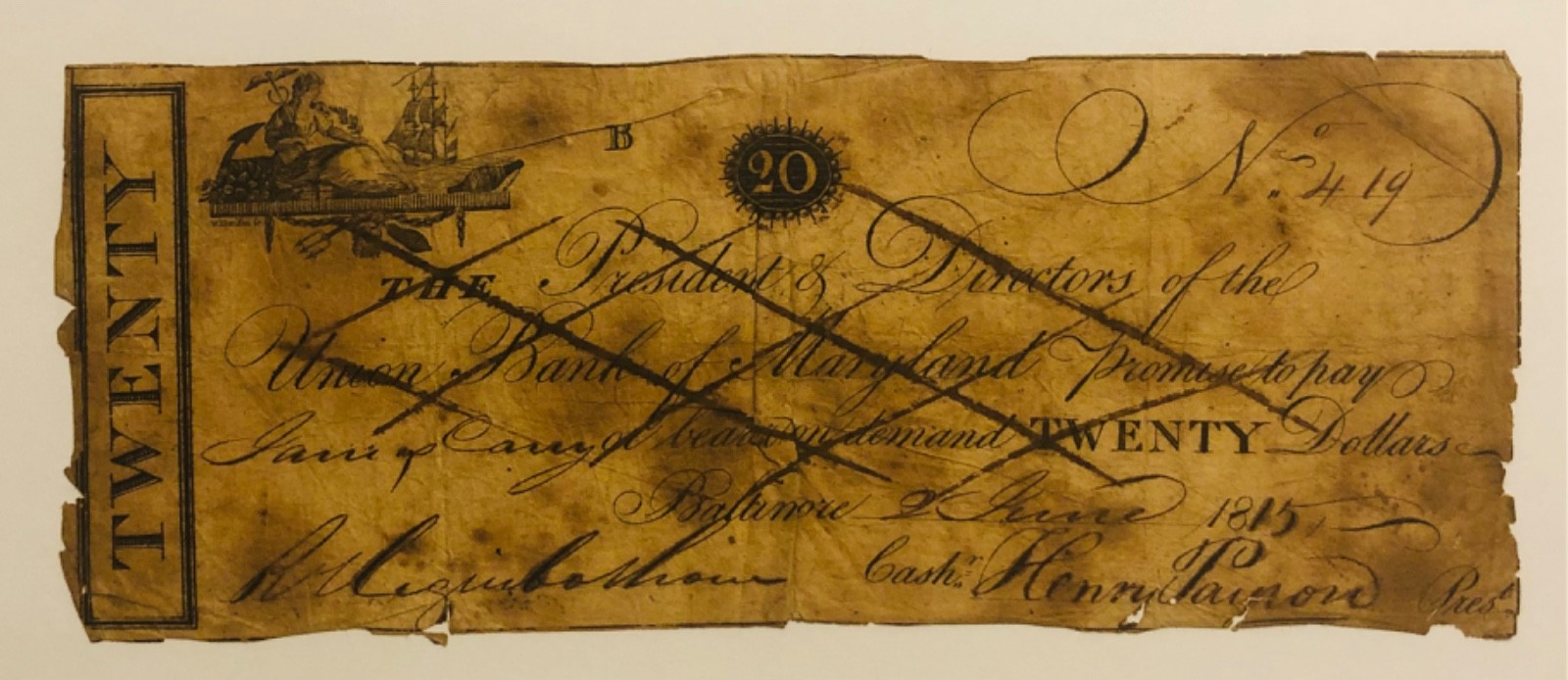 Union Bank of Maryland Baltimore MD $20 obsolete currency note