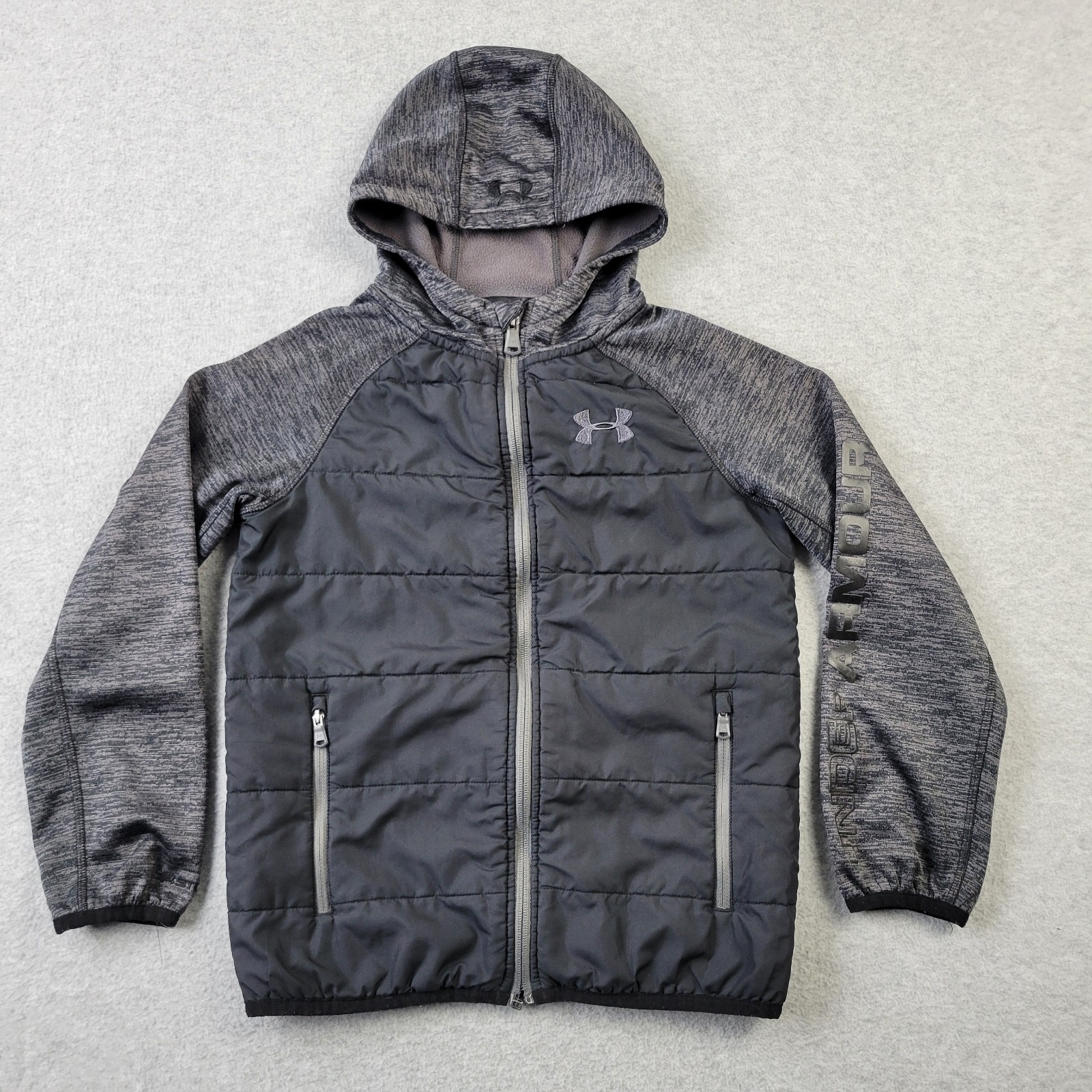 Under Armour ColdGear Jacket Boys YSM Heather Hooded Embroidery Full Zip Pocket