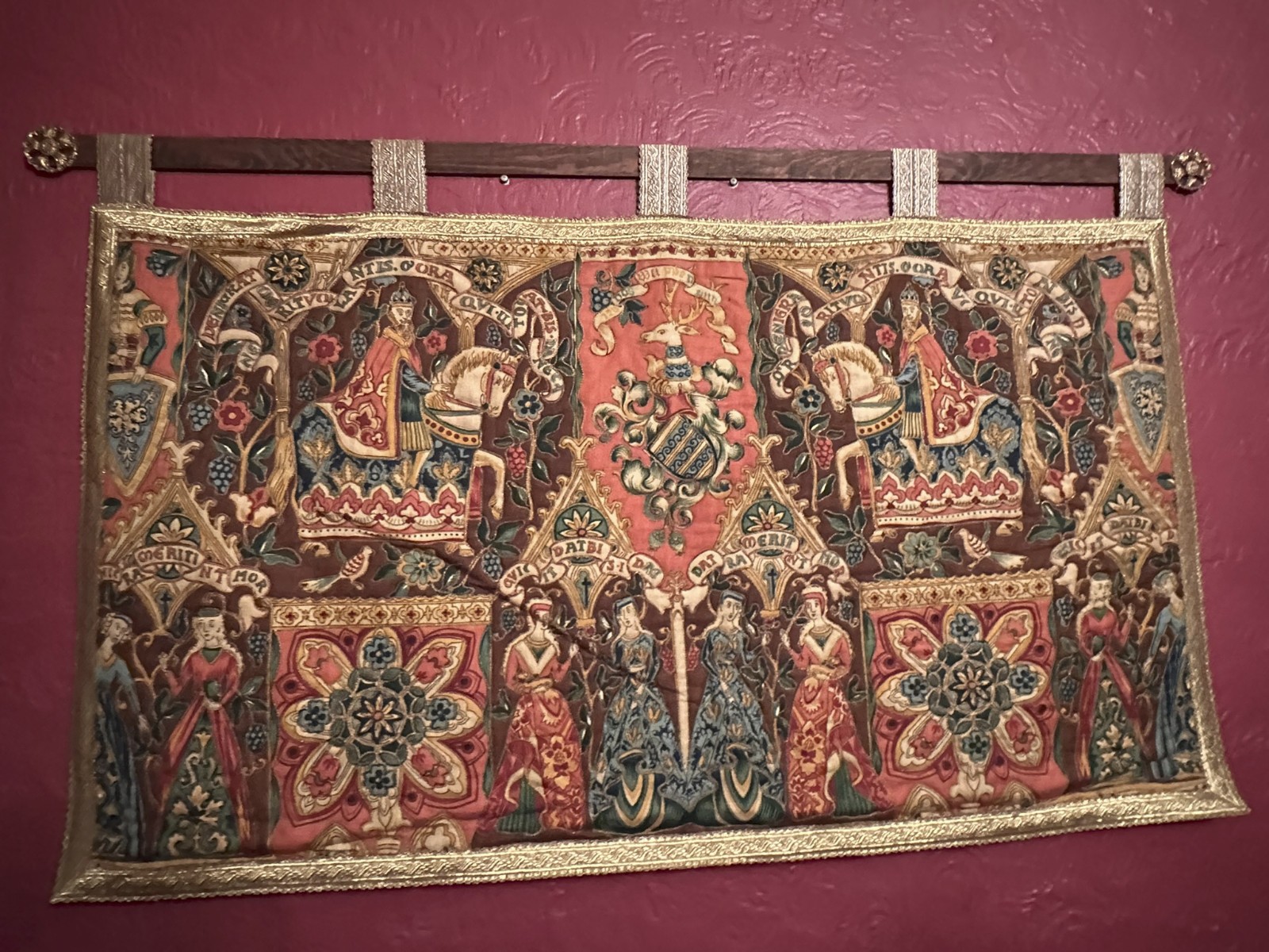French Tapestry Quilted Coat of Arms Renaissance Antique Medieval Hanging Vtg