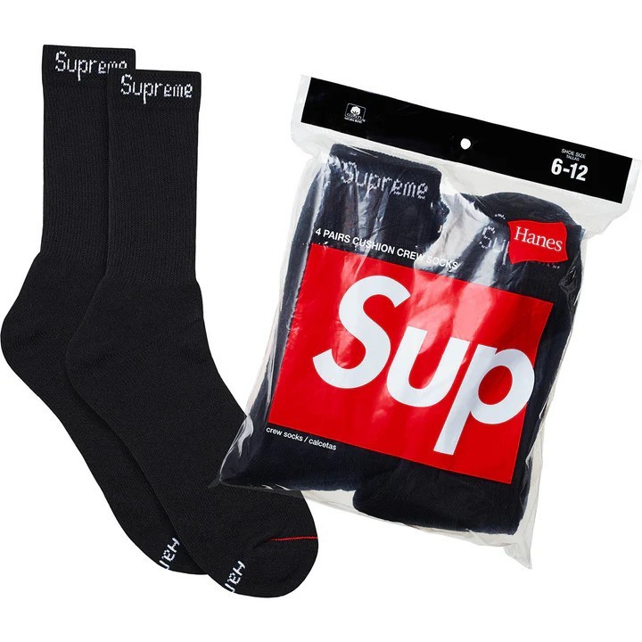 Supreme Hanes Crew Socks - Black  4 Pack Size 6-12 Authentic Fast 