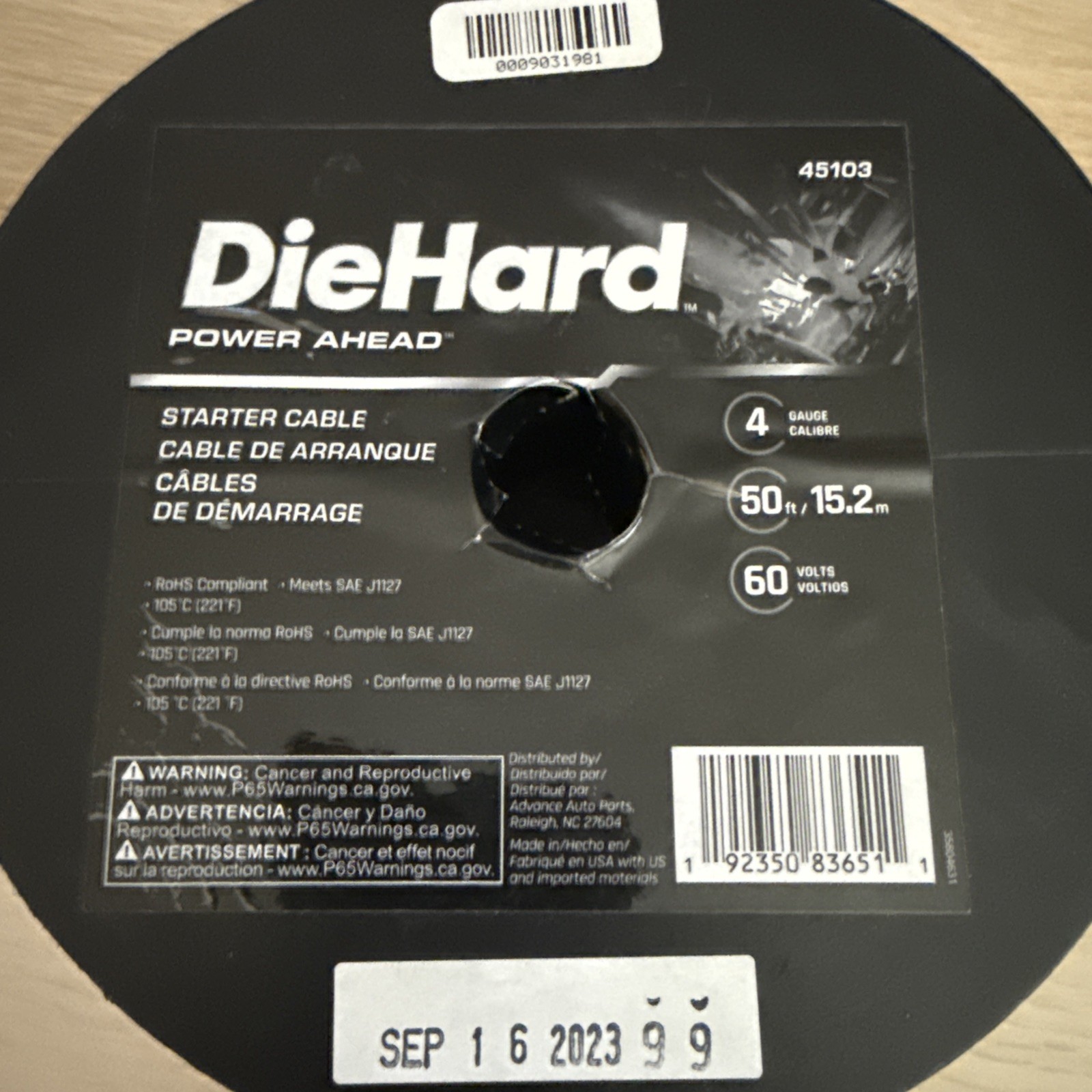 DIE HARD 4AWG BLACK BATTERY/ STARTER CABLE - MADE IN USA - 50 FEET DIE HARD 4AWG BLACK BATTERY/ STARTER CABLE - MADE IN USA - 50 FEET