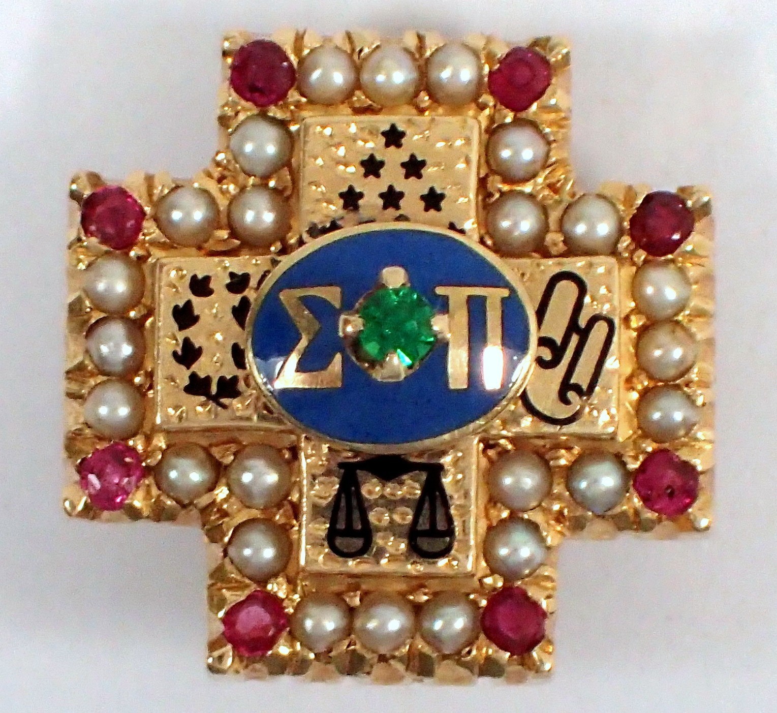 Vtg Sigma Pi Fraternity 5.5g SOLID 13k Yellow Gold Seed Pearl Ruby Enamel Pin