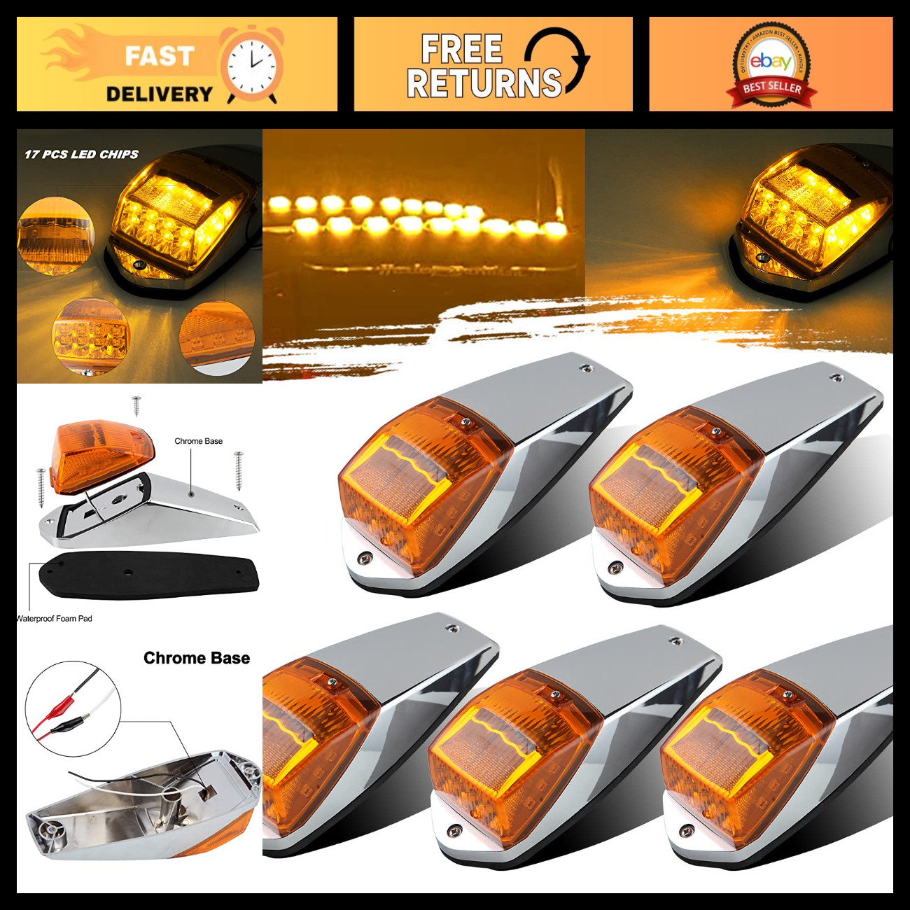 5Pcs Amber LED Truck Cab Marker Lights - Roof Clearance Running Lights, 17 LEDs 5Pcs Amber LED Truck Cab Marker Lights - Roof Clearance Running Lights, 17 LEDs