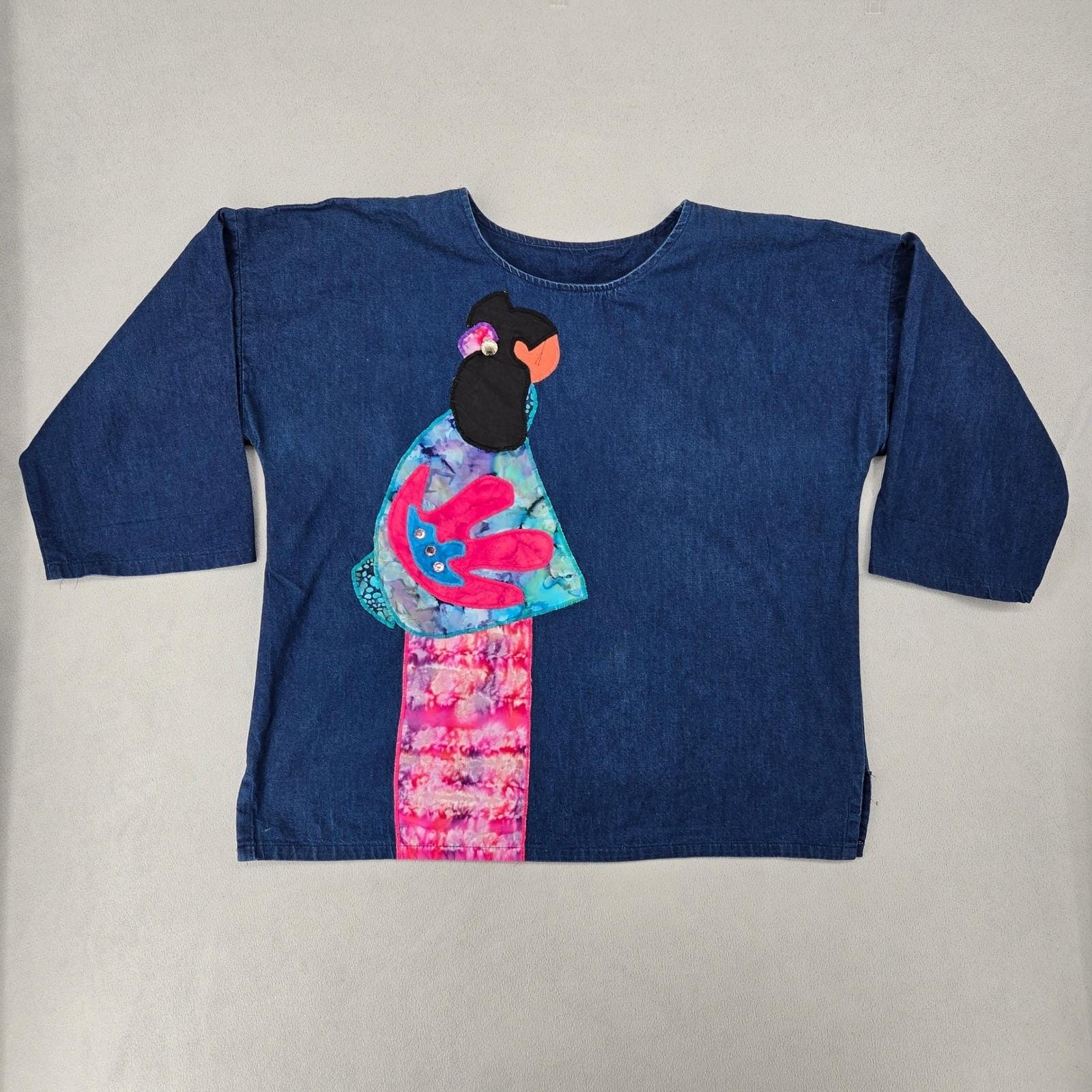 Alfredo\'s WIfe Vintage Small Womens Denim  Wearable Art Batik Applique Boxy Top