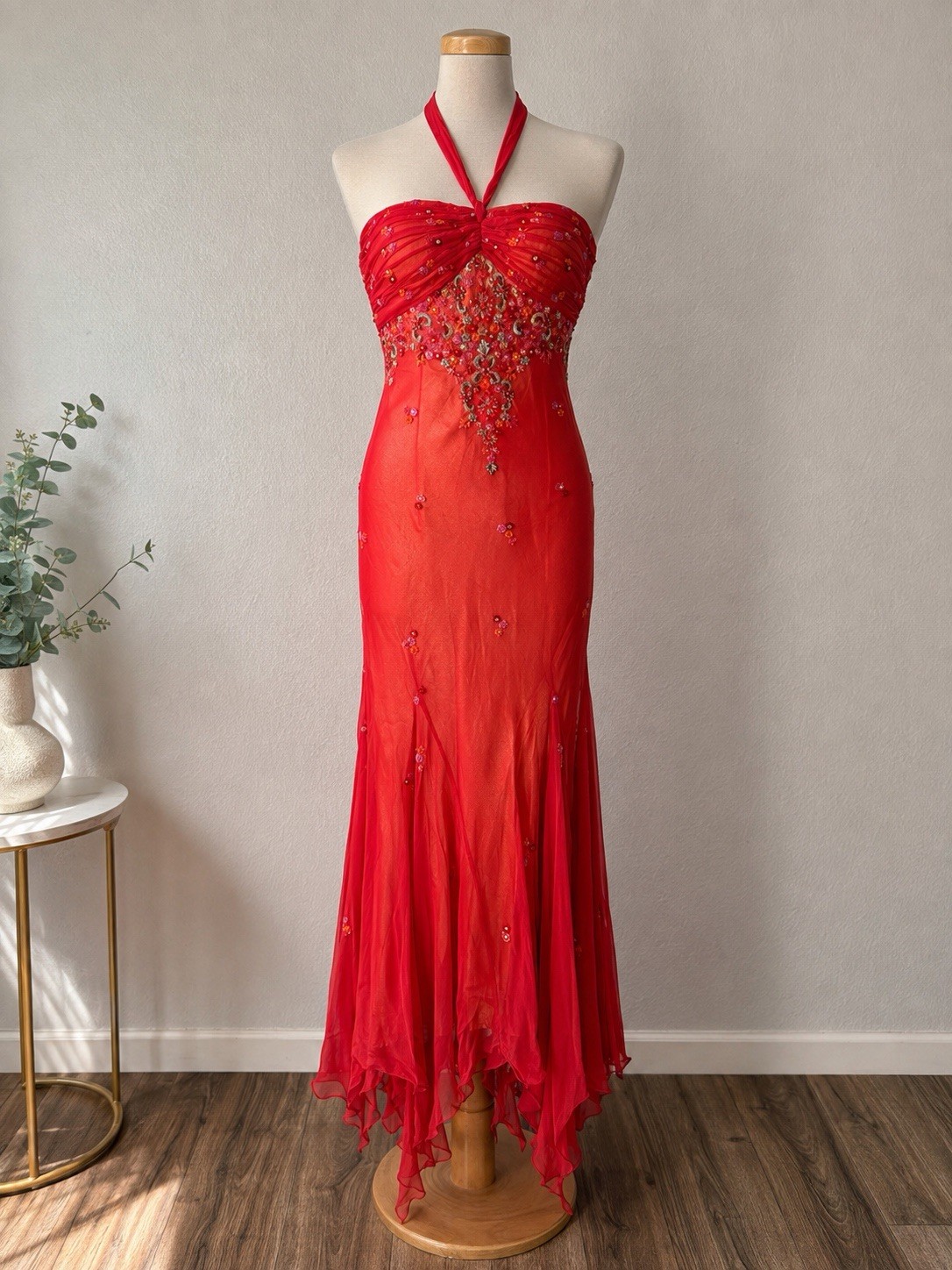 SCALA Y2K 100% Silk Beaded Embroidered Halter Maxi Dress S Fairy Handkerchief