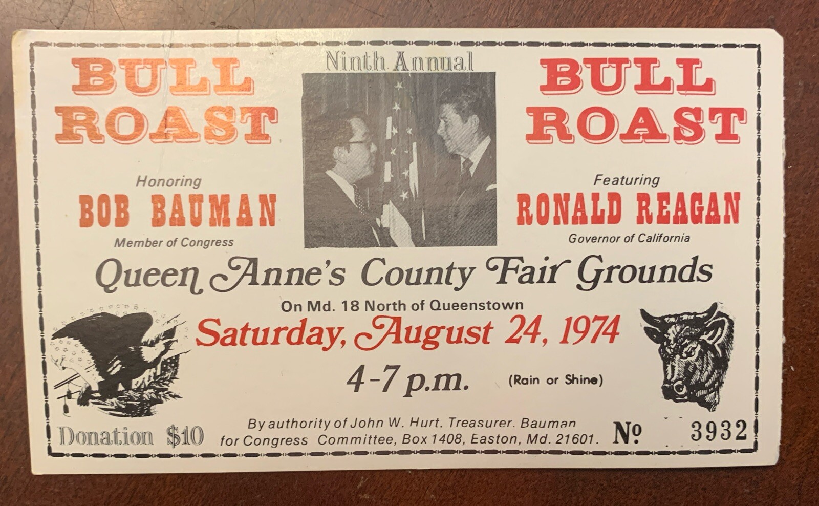 Maryland Senate J GLENN BEALL Jr, Congress Bob Bauman Signed Ticket Ronald Regan