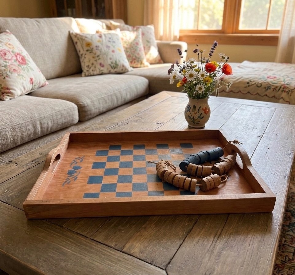 Vintage Wooden Checkerboard Serving Tray 17x13 w Game Pieces Rustic Cottagecore