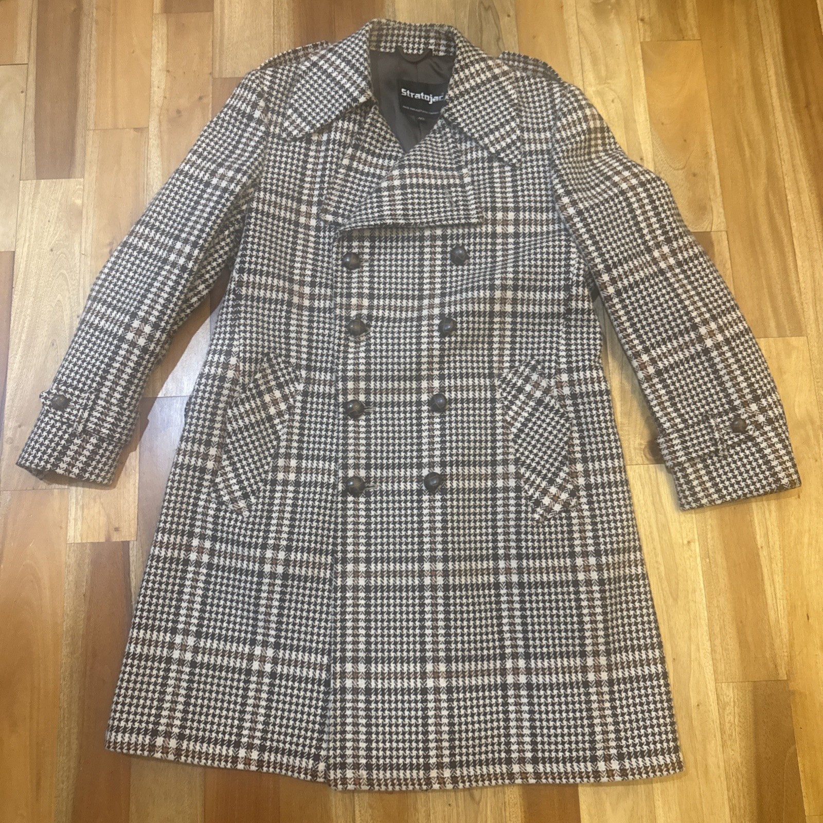 Vintage Stratojac Wool Tweed Coat Mens 38 Double Breasted Houndstooth