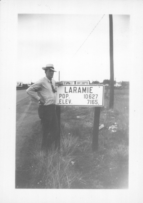 Old Vintage Photo LARAMIE WYOMING SOLO MAN HIGHWAY SIGN POPULATION ELEVATION