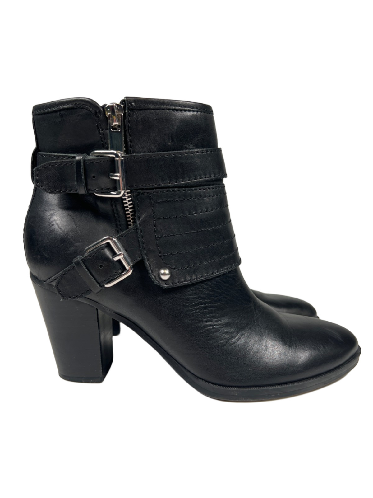 Marc Fisher Women\'s Black Leather Engrid Side Zip Block Heel Ankle Booties - 8