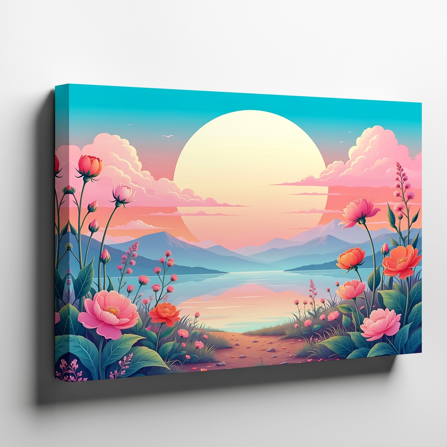Sunset Landscape Canvas Wall Art with Colorful Flowers and Mountain Lake View Sunset Landscape Canvas Wall Art with Colorful Flowers and Mountain Lake View