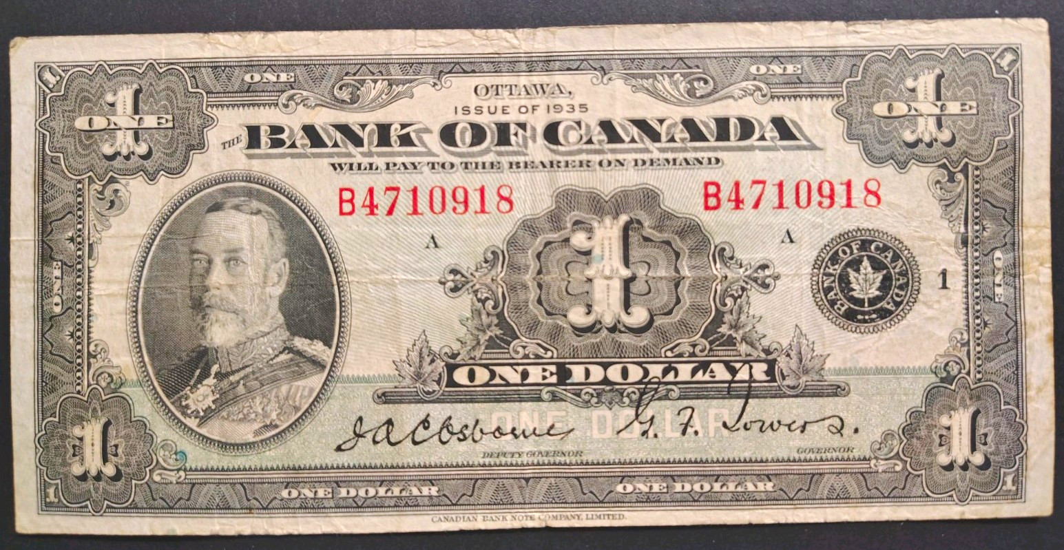 Canada 1935 Bank of Canada $1 One Dollar Banknote - B4710918 Circulated Canada 1935 Bank of Canada $1 One Dollar Banknote - B4710918 Circulated