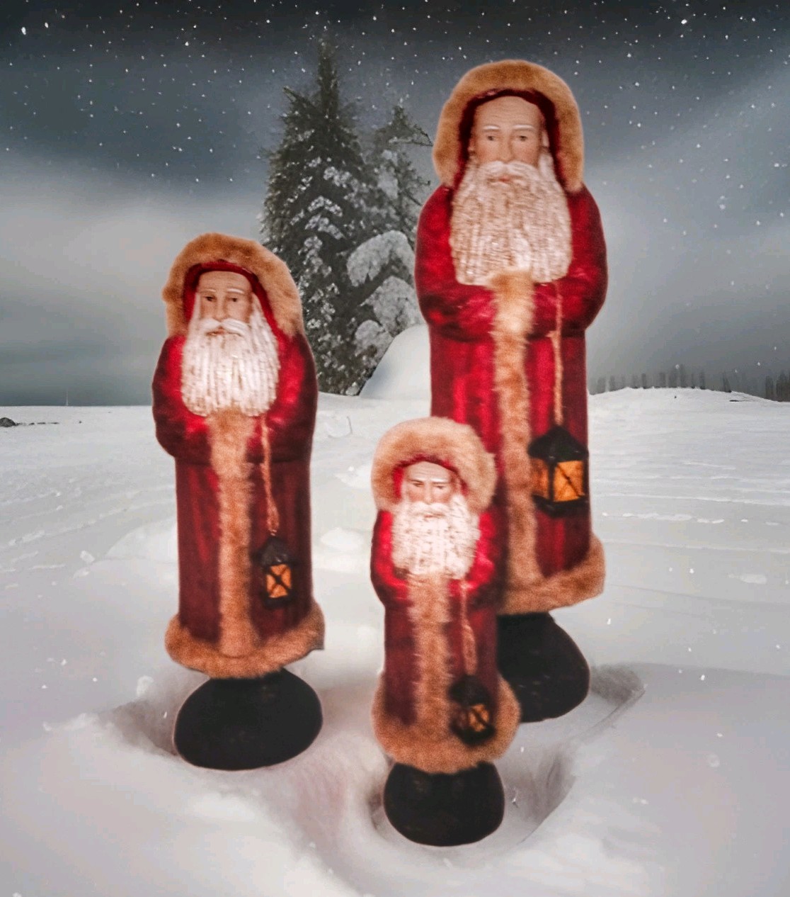 Vintage Set 3 Primitive Red Santa Figurines Faux Fur Lantern 9